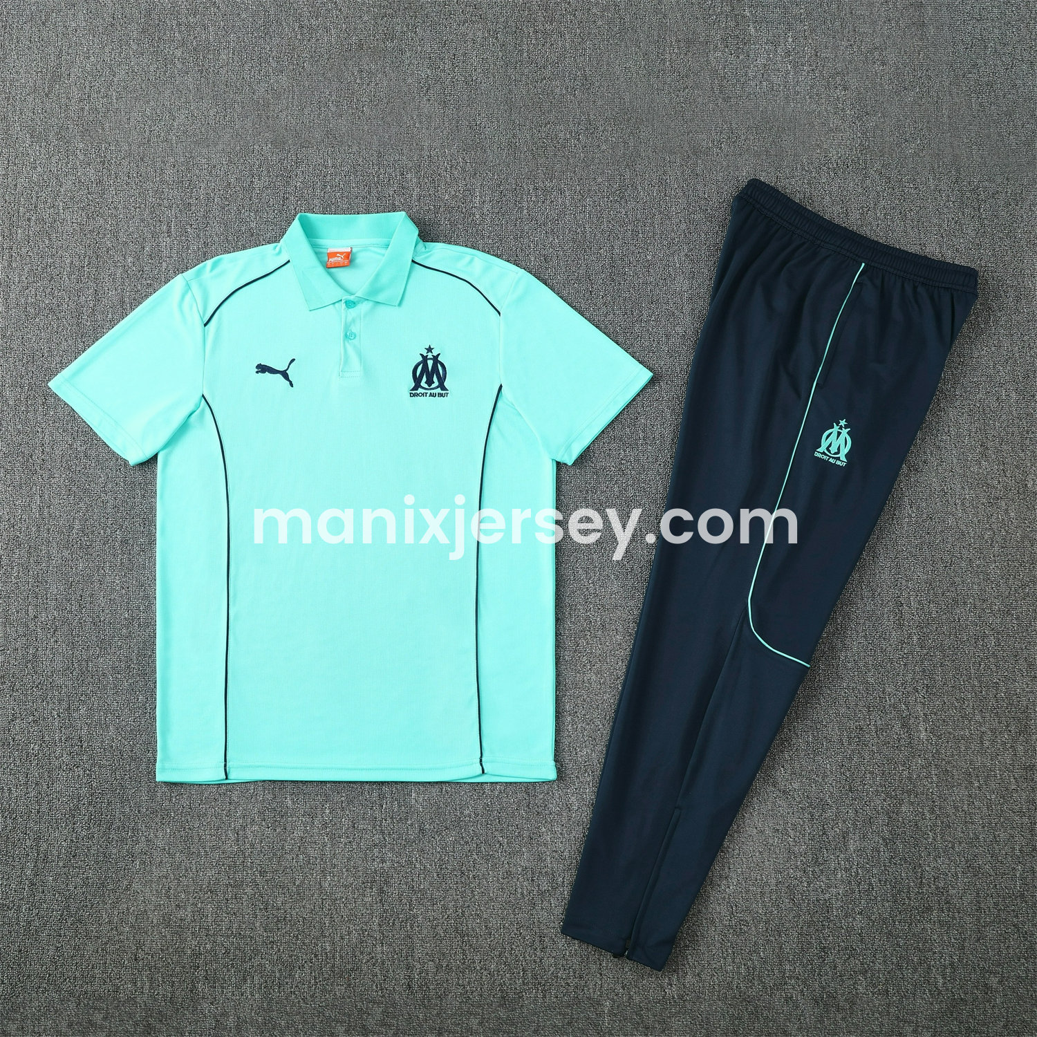 ManixJersey.com | Marseille 25-26 POLO Short-Sleeve Training Set - Cyan Top and Deep Blue Pants -Customize Name, Number and Patch | Worldwide Shipping