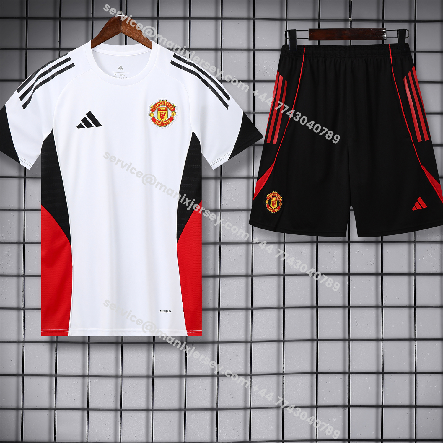 ManixJersey.com | Manchester United 25-26 Short-Sleeve Training Set - Red Black Blocks White Top & Black Shorts -Customize Name, Number and Patch | Worldwide Shipping