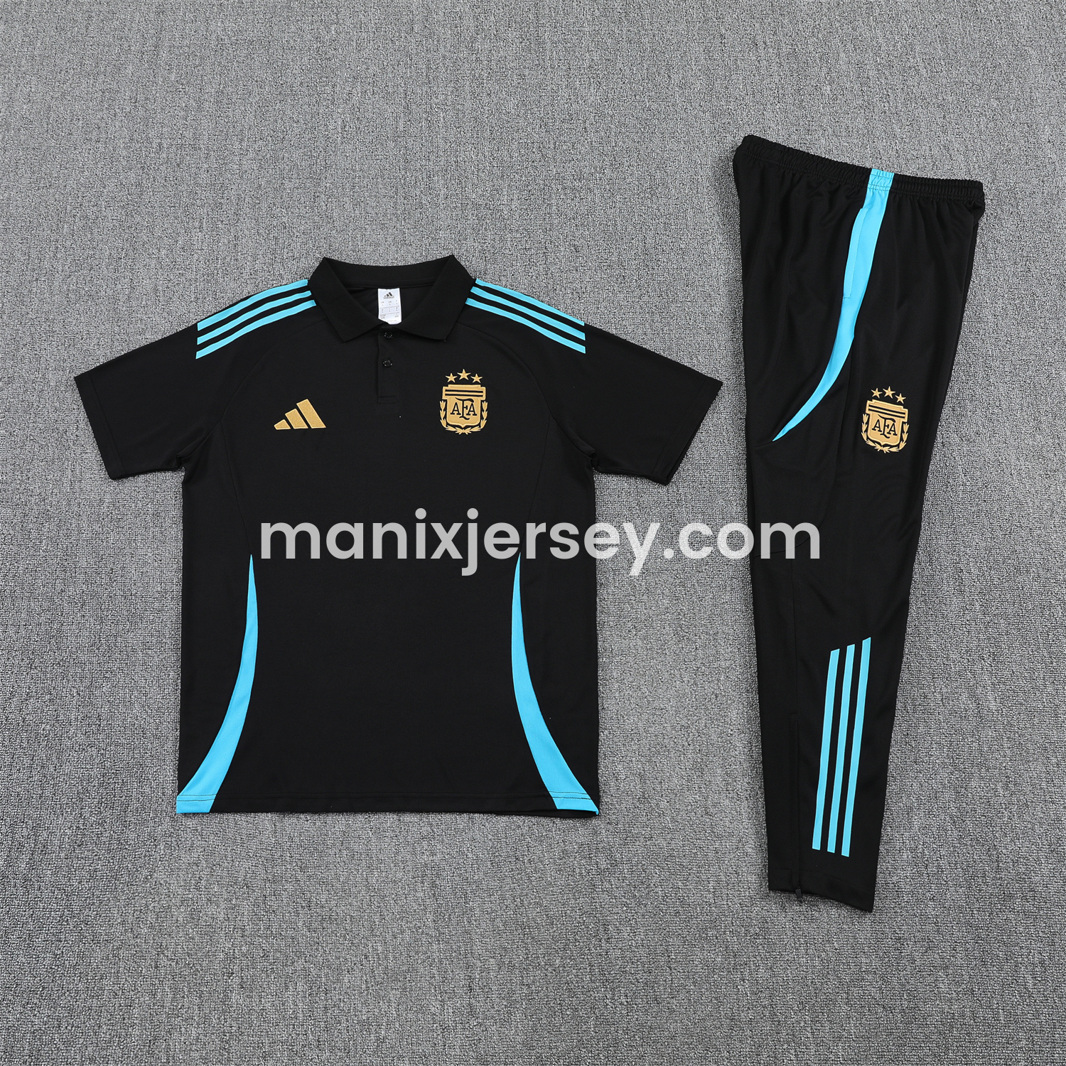 ManixJersey.com | Argentina 25-26 POLO Short-Sleeve Training Set - Deep Blue Top and Pants with Blue Stripes -Customize Name, Number and Patch | Worldwide Shipping