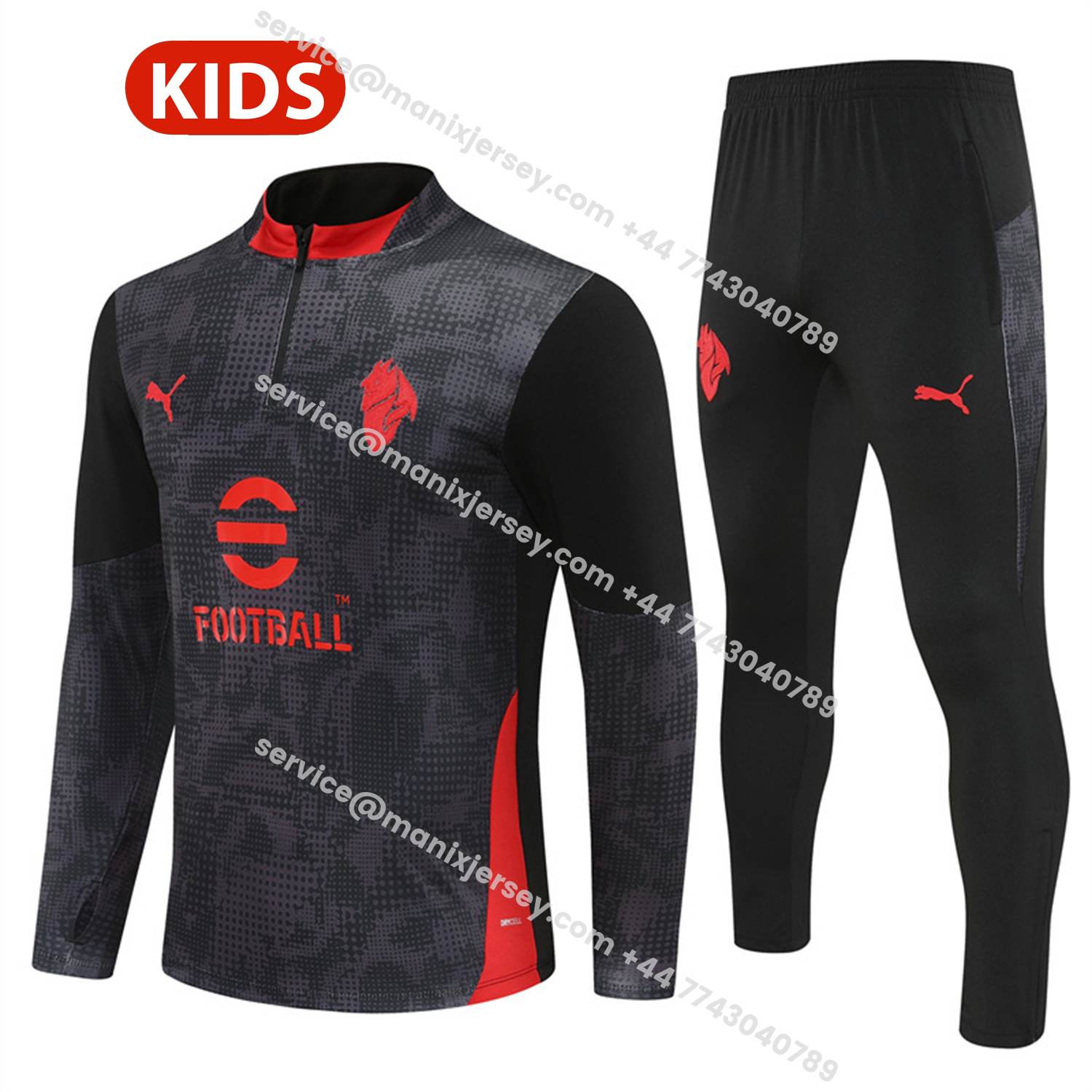 ManixJersey.com | AC Milan 25-26 Kids Long Sleeve Training Set - Black Top & Black Pants -Customize Name, Number and Patch | Worldwide Shipping