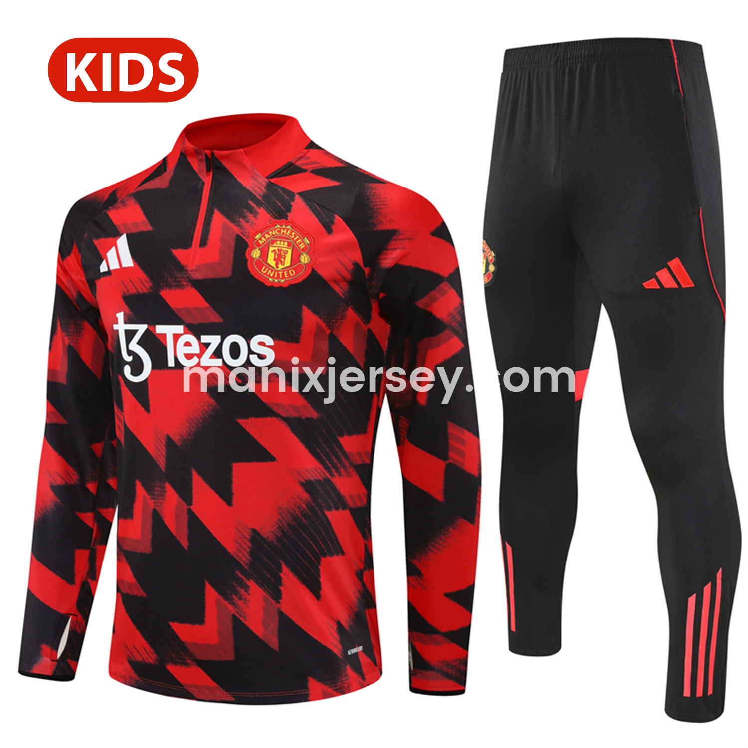 ManixJersey.com | Manchester United 25-26 Kid Long Sleeves Training Set - Red-Black Top & Black Pants -Customize Name, Number and Patch | Worldwide Shipping