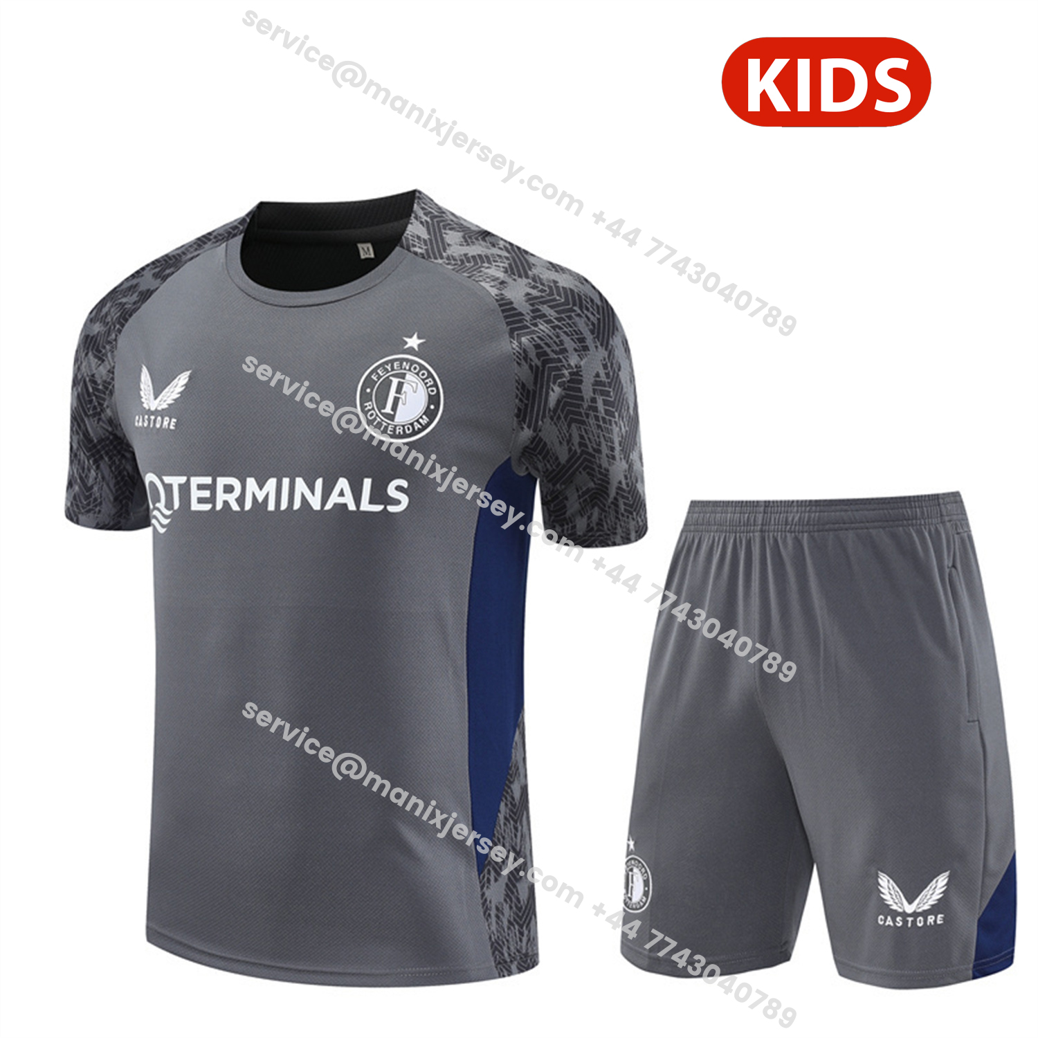 ManixJersey.com | Feyenoord 25-26 Kids Short-Sleeve Training Set - Dark Gray Top & Dark Gray Shorts -Customize Name, Number and Patch | Worldwide Shipping