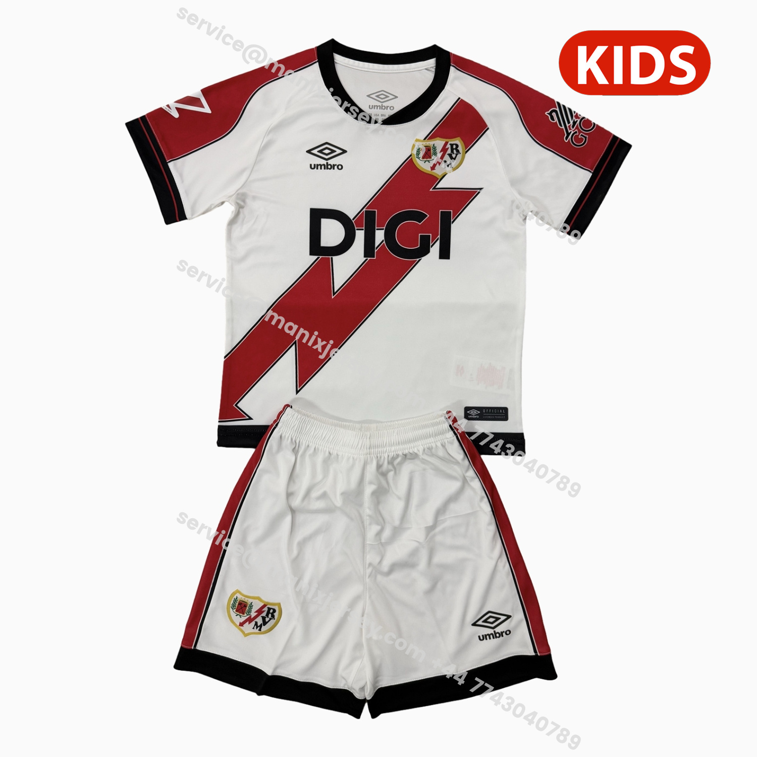 ManixJersey.com | Rayo Vallecano 25-26 Home Kids Kit -Customize Name, Number and Patch | Worldwide Shipping