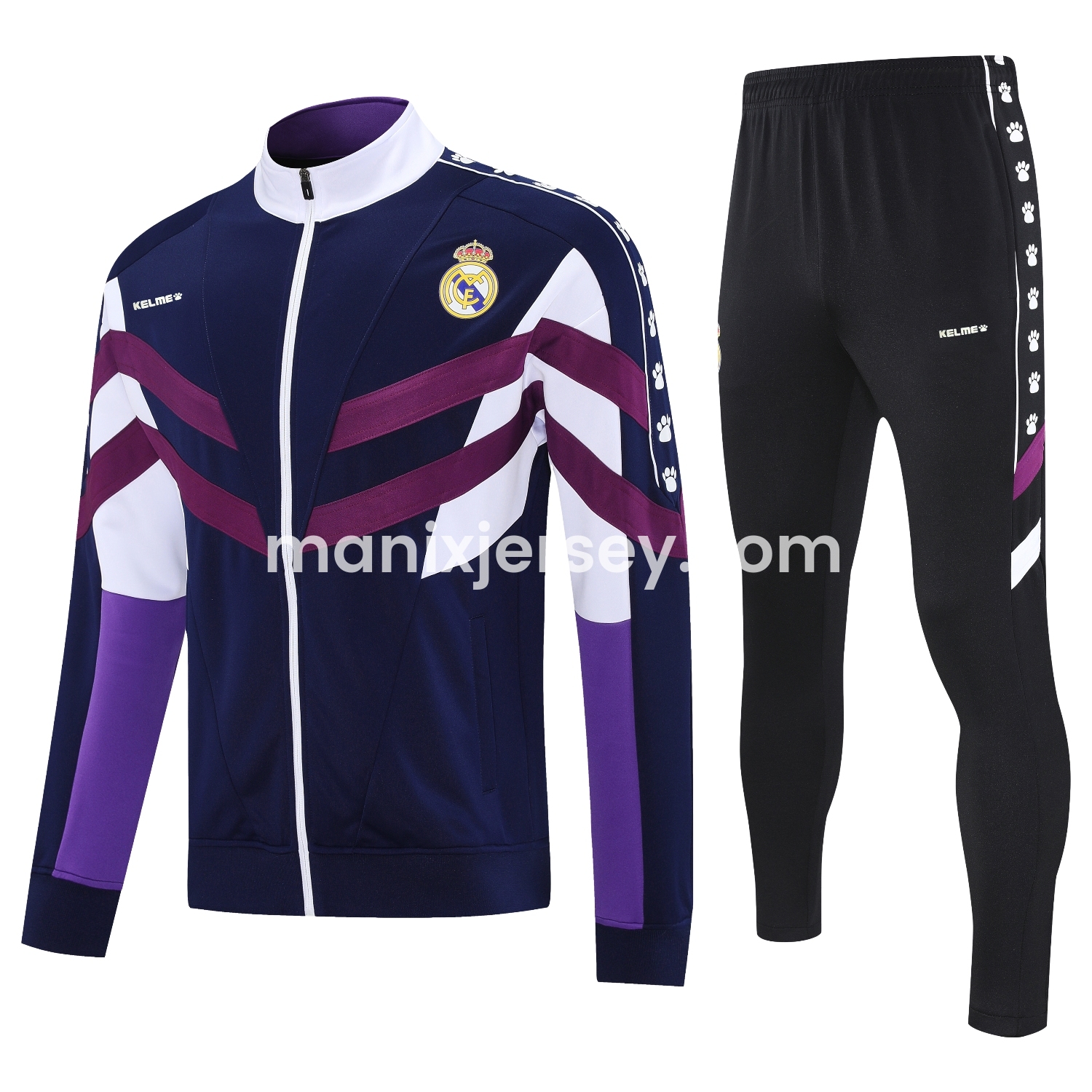 ManixJersey.com | Real Madrid 25-26 Throwback Jacket Training Tracksuit - Deep Blue and Purple Jackets & Black Pants -Customize Name, Number and Patch | Worldwide Shipping