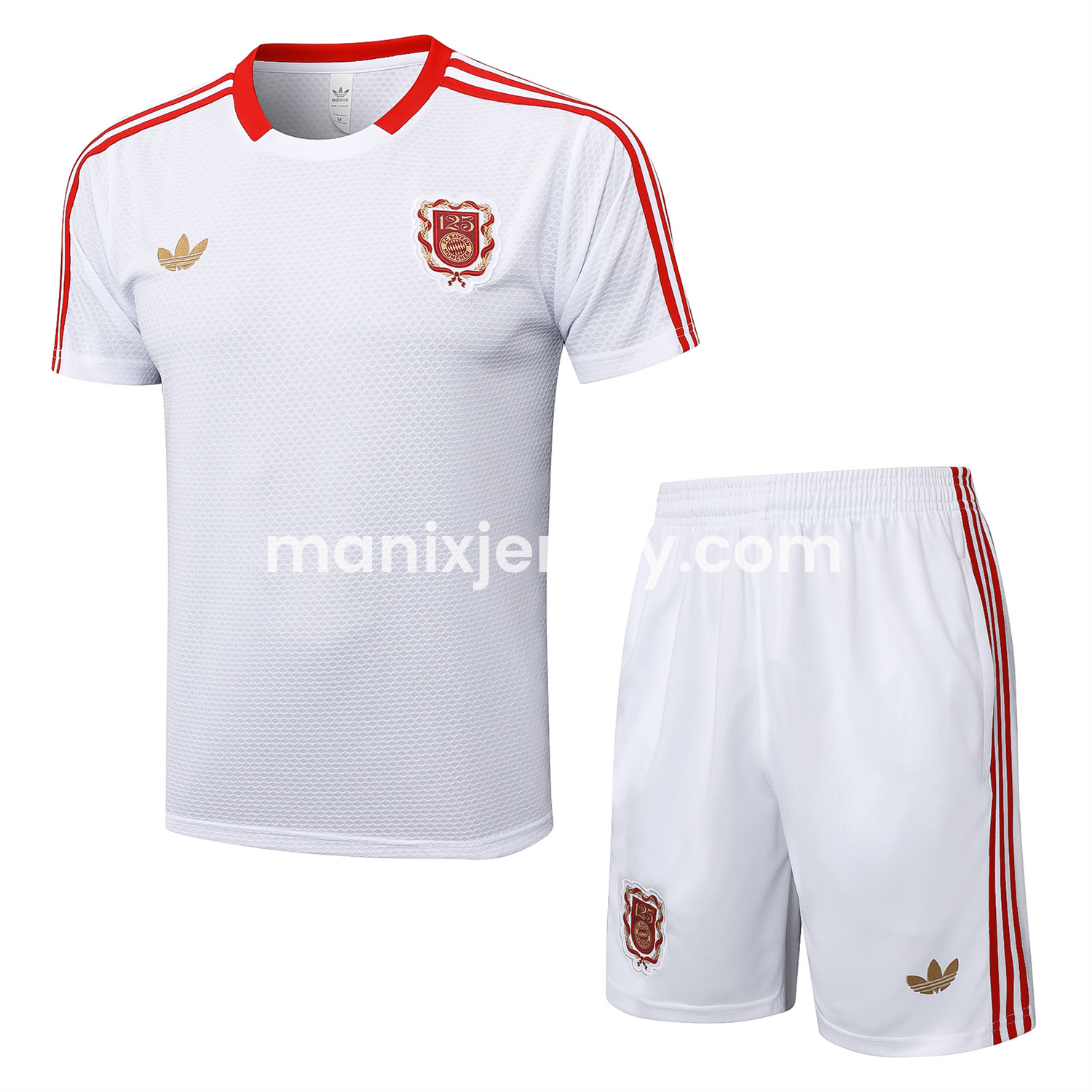ManixJersey.com | Bayern Munich 2025 125th Anniversary Short-Sleeve Training Set - White Top and Shorts -Customize Name, Number and Patch | Worldwide Shipping