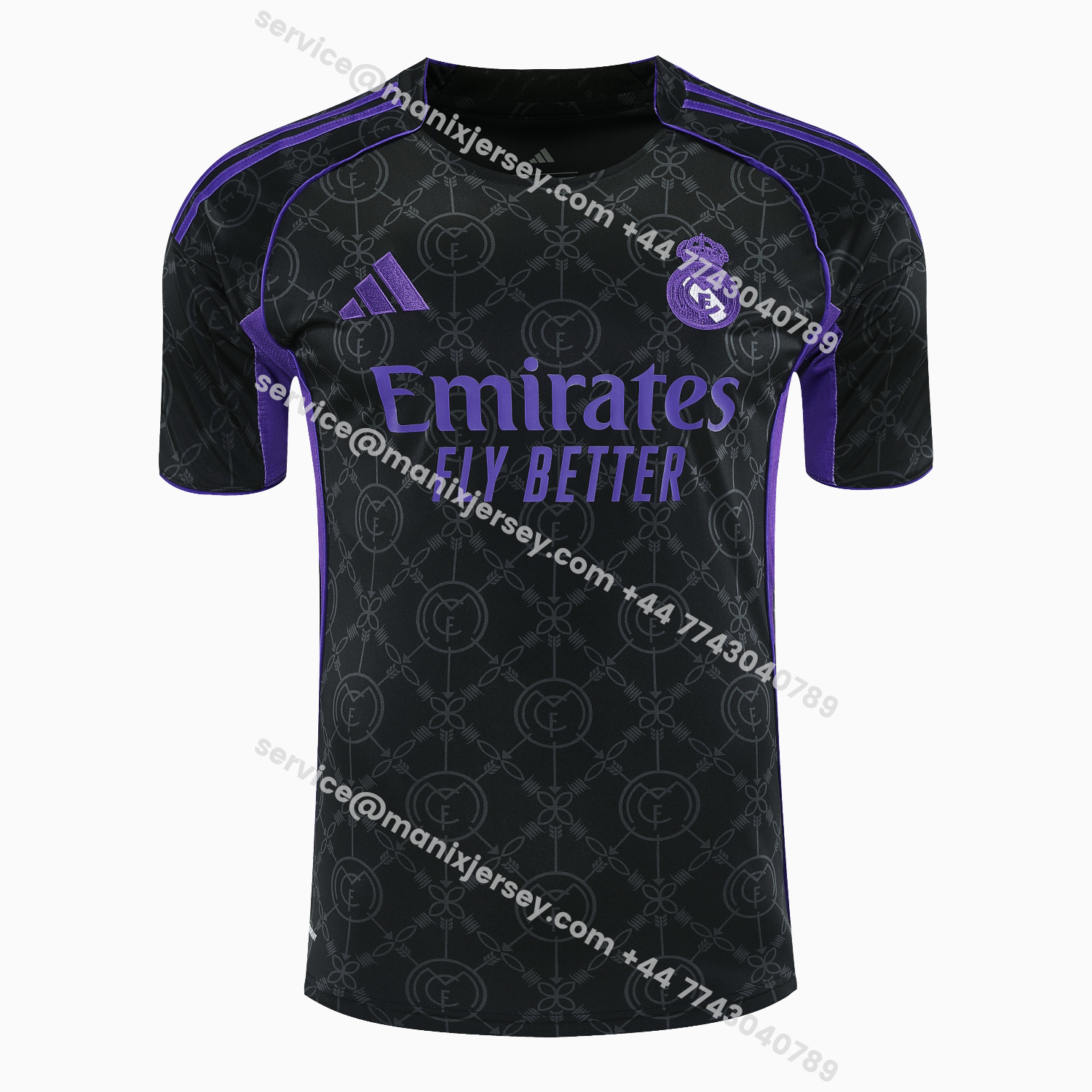 ManixJersey.com | Real Madrid 25-26 Short-Sleeve Training Set - Blue Edge Black Top & Black Shorts -Customize Name, Number and Patch | Worldwide Shipping