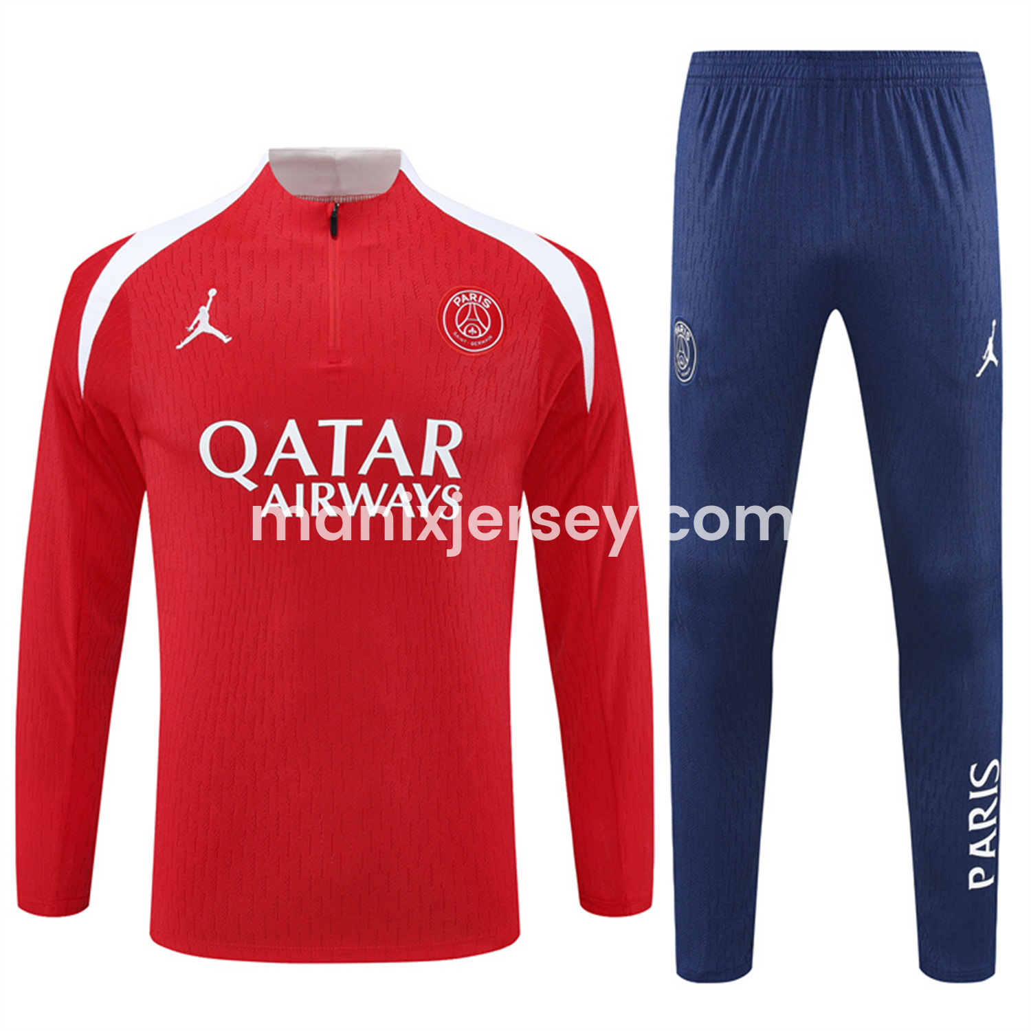 ManixJersey.com | Paris Saint-Germain PSG 25-26 Long Sleeves Training Set - Red Top & Royal Blue Pants -Customize Name, Number and Patch | Worldwide Shipping
