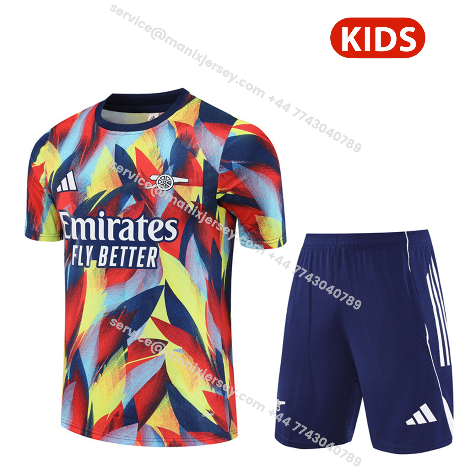 ManixJersey.com | Arsenal 25-26 Kids Short-Sleeve Training Set - Colorful Camouflage Top & Blue Shorts -Customize Name, Number and Patch | Worldwide Shipping