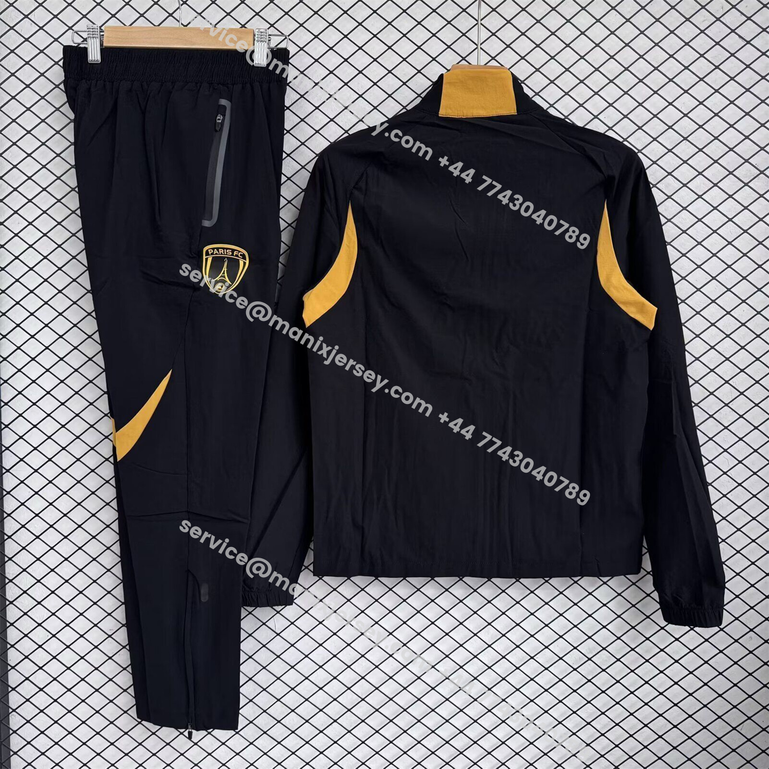 ManixJersey.com | Paris FC 25-26 Windbreaker Training Set - Black Yellow Top and Pants -Customize Name, Number and Patch | Worldwide Shipping