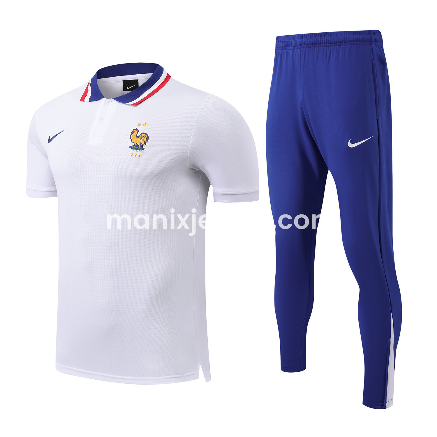ManixJersey.com | France 25-26 POLO Short-Sleeve Training Set - White Top and Blue Pants -Customize Name, Number and Patch | Worldwide Shipping