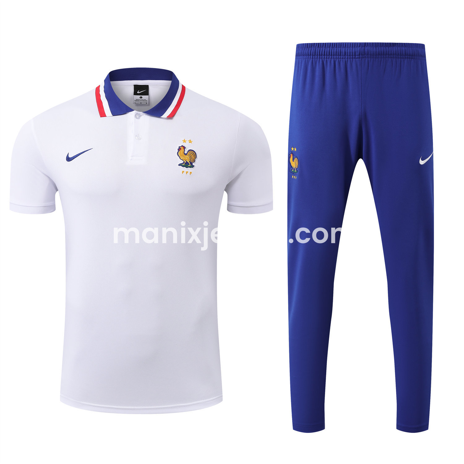 ManixJersey.com | France 25-26 POLO Short-Sleeve Training Set - White Top and Blue Pants -Customize Name, Number and Patch | Worldwide Shipping