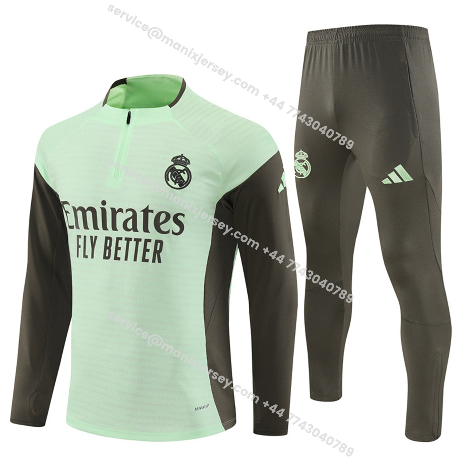 ManixJersey.com | Real Madrid 25-26 Long Sleeve Training Set - Player Version - Light Green Top and Khaki Pants -Customize Name, Number and Patch | Worldwide Shipping