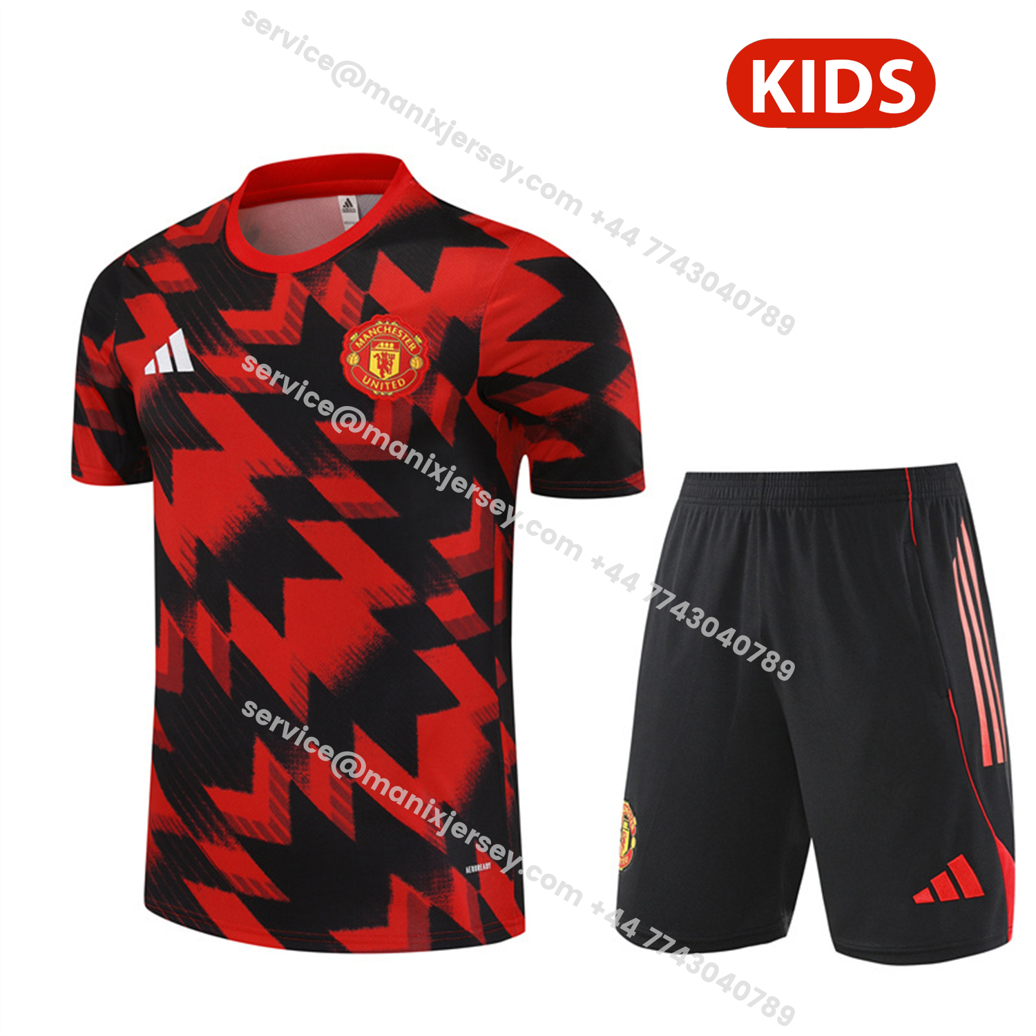 ManixJersey.com | Manchester United 25-26 Kids Short-Sleeve Training Set - Red Camouflage Top & Black Shorts -Customize Name, Number and Patch | Worldwide Shipping