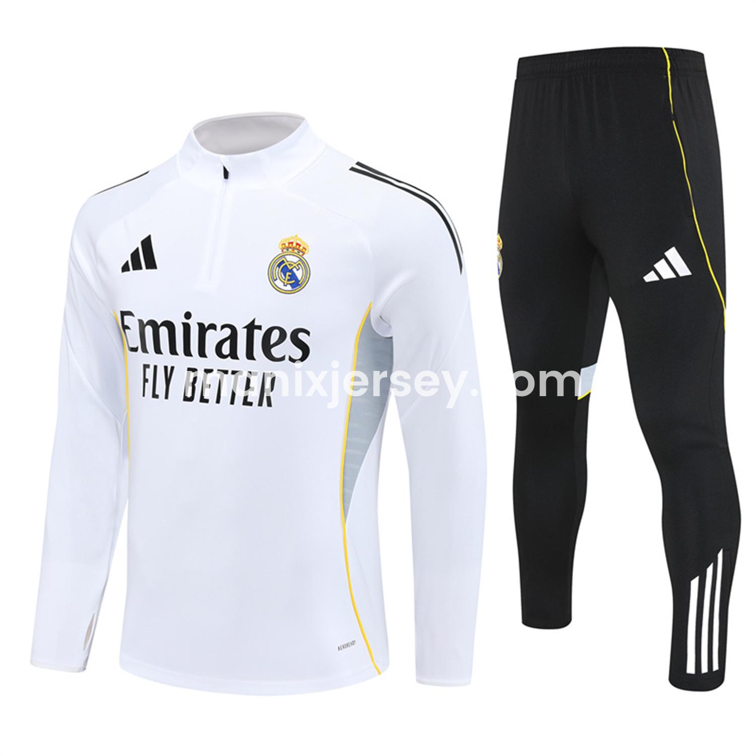ManixJersey.com | Real Madrid 25-26 Kids Long Sleeve Training Set - Yellow Line White Top and Black Shorts -Customize Name, Number and Patch | Worldwide Shipping