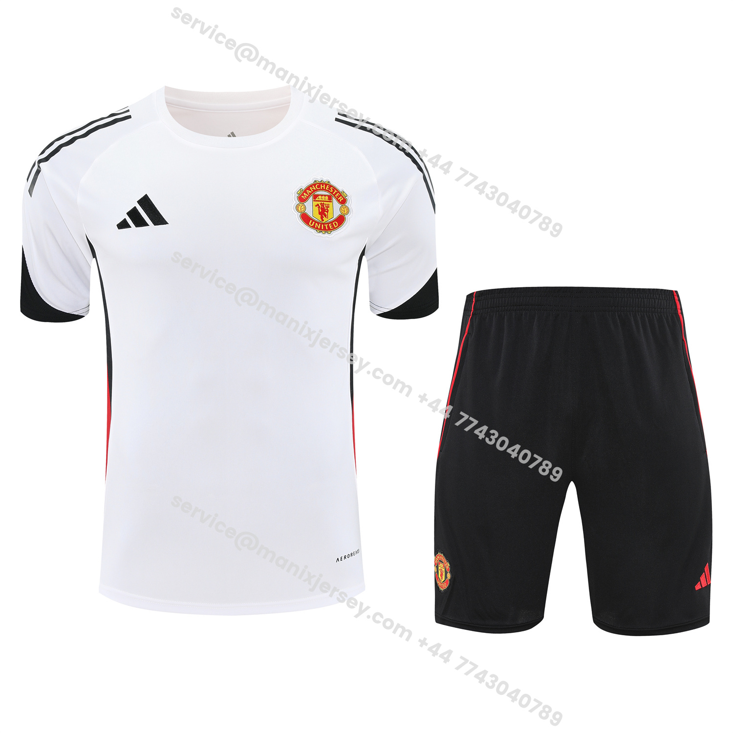 ManixJersey.com | Manchester United 25-26 Short-Sleeve Training Set - Red Black Blocks White Top & Black Shorts -Customize Name, Number and Patch | Worldwide Shipping
