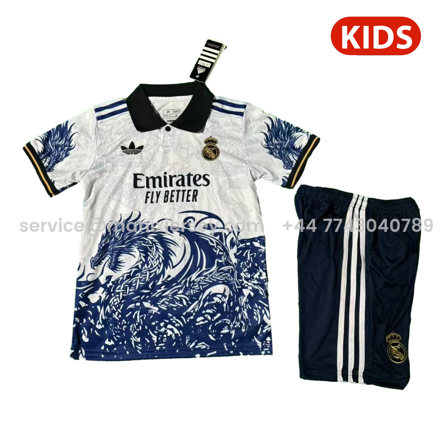 ManixJersey.com | Real Madrid 25-26 Blue Fire Dragon White Special Polo Kids Kit -Customize Name, Number and Patch | Worldwide Shipping