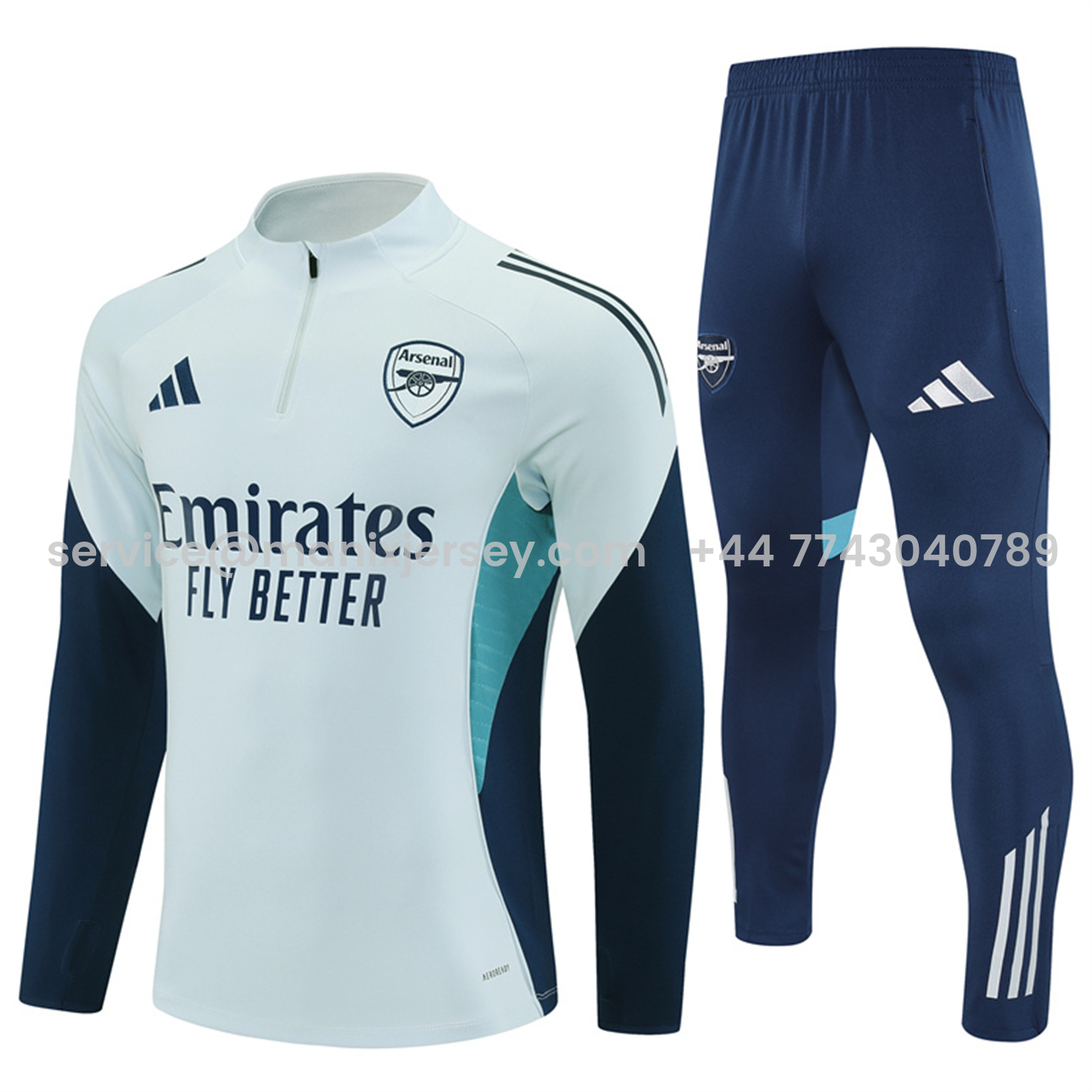 ManixJersey.com | Arsenal 25-26 Long Sleeves Training Set - Light Grey Top & Blue Pants -Customize Name, Number and Patch | Worldwide Shipping