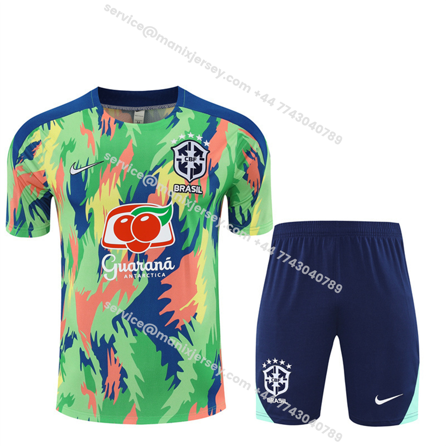 ManixJersey.com | Brazil 25-26 Kids Short-Sleeve Training Set - Blue Green Camouflage Top & Blue Shorts -Customize Name, Number and Patch | Worldwide Shipping