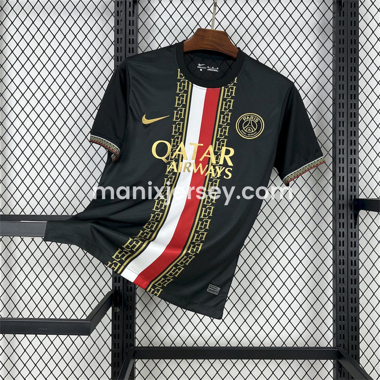 ManixJersey.com | Paris Saint-Germain PSG 25-26 Red White Stripes Black Jersey - Fans Version -Customize Name, Number and Patch | Worldwide Shipping