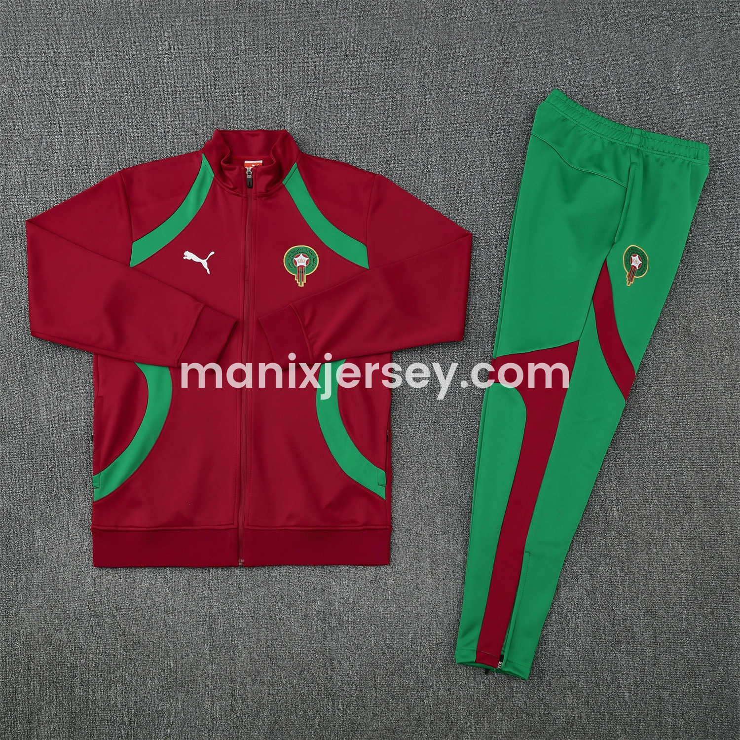 ManixJersey.com | Morocco 25-26 Jacket Training Tracksuit - Red Jackets & Green Pants -Customize Name, Number and Patch | Worldwide Shipping