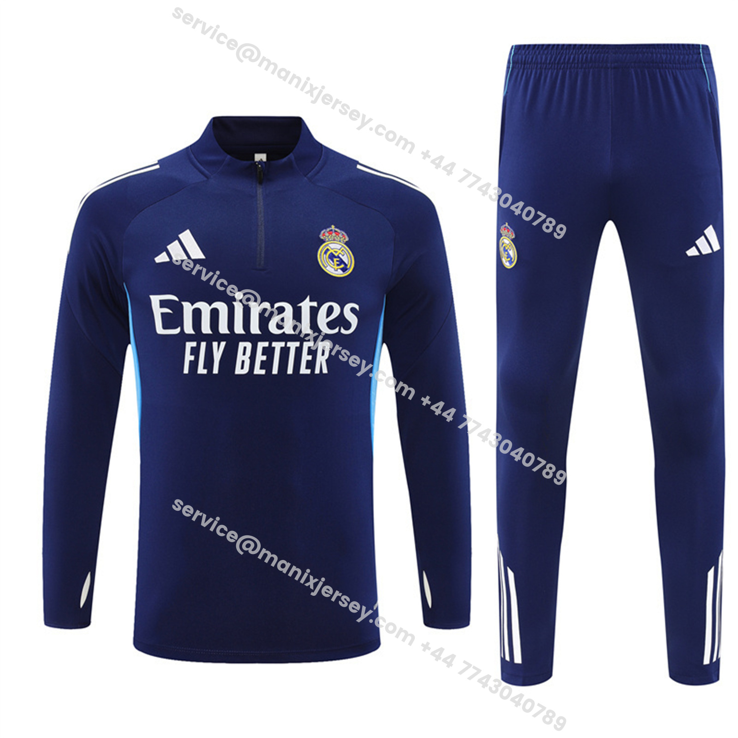 ManixJersey.com | Real Madrid 25-26 Kids Long Sleeve Training Set - Deep Blue Top & Pants -Customize Name, Number and Patch | Worldwide Shipping