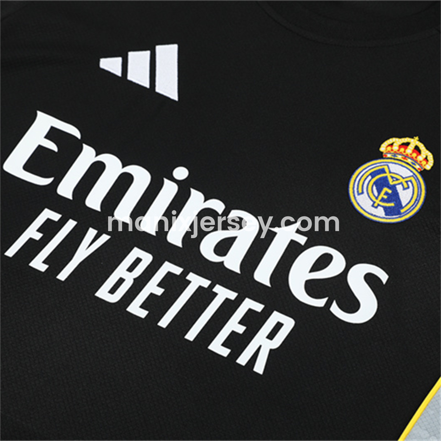 ManixJersey.com | Real Madrid 25-26 Kids Short-Sleeve Training Set - Yellow Line Black Top and Black Shorts -Customize Name, Number and Patch | Worldwide Shipping