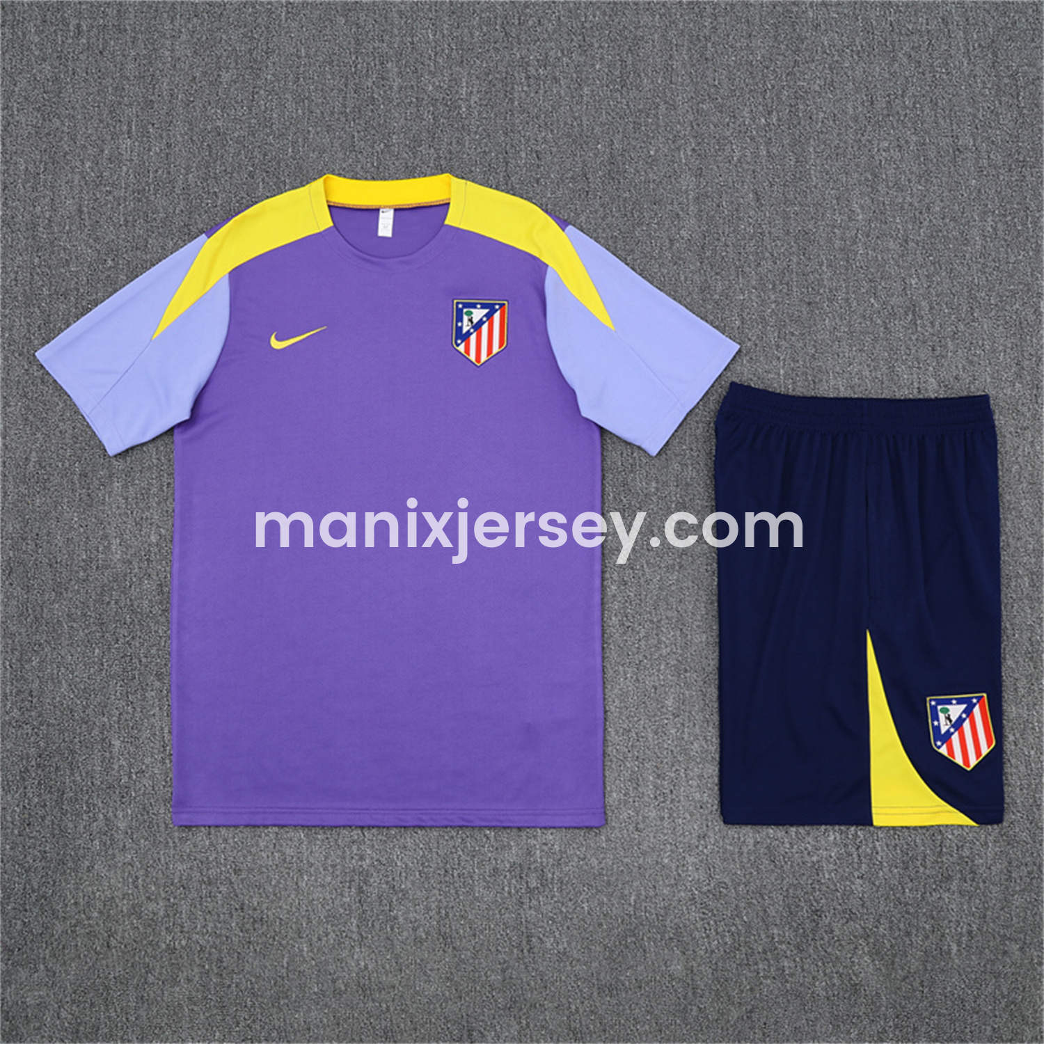 ManixJersey.com | Atletico Madrid 25-26 Kids Short-Sleeve Training Set - Purple Top & Royal Blue shorts -Customize Name, Number and Patch | Worldwide Shipping