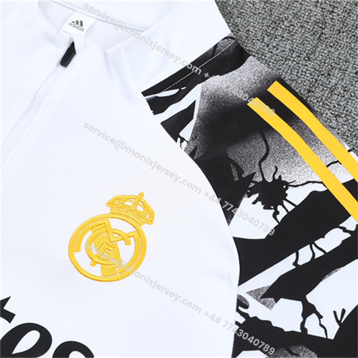 ManixJersey.com | Real Madrid 25-26 Kids Long Sleeve Training Set - White Top & Black Pants -Customize Name, Number and Patch | Worldwide Shipping