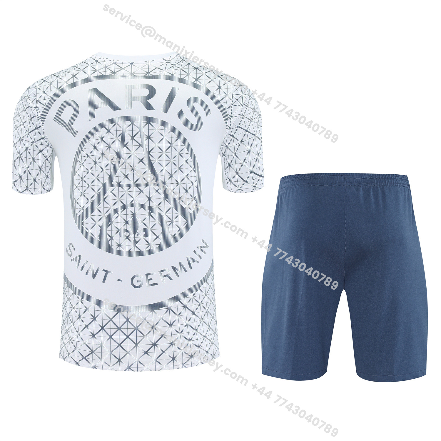 ManixJersey.com | Paris Saint-Germain PSG 25-26 Short-Sleeve Training Set - White Top & Deep Blue Shorts -Customize Name, Number and Patch | Worldwide Shipping