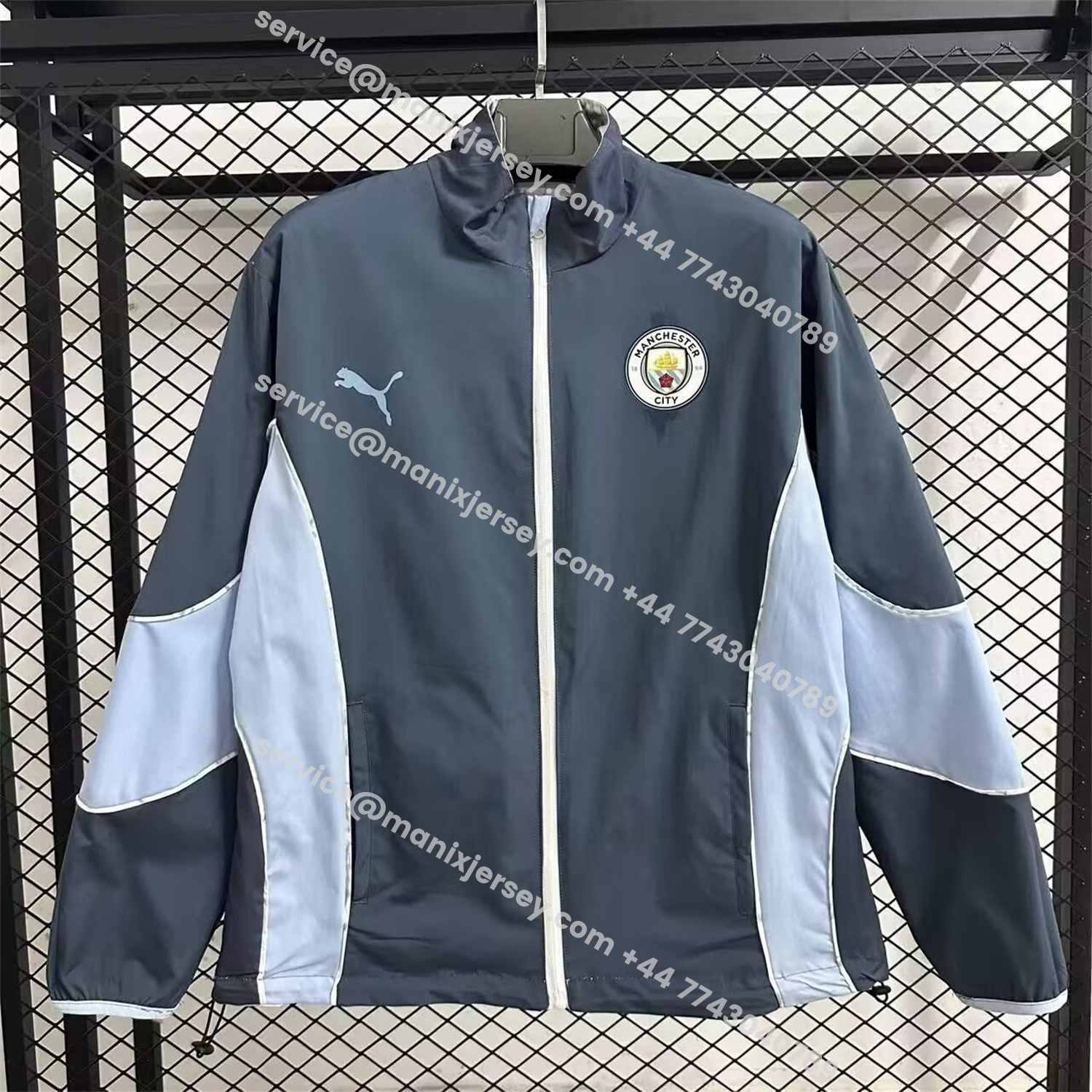 ManixJersey.com | Manchester City 25-26 Double Sided Reversible Windbreaker - Deep Blue & White -Customize Name, Number and Patch | Worldwide Shipping