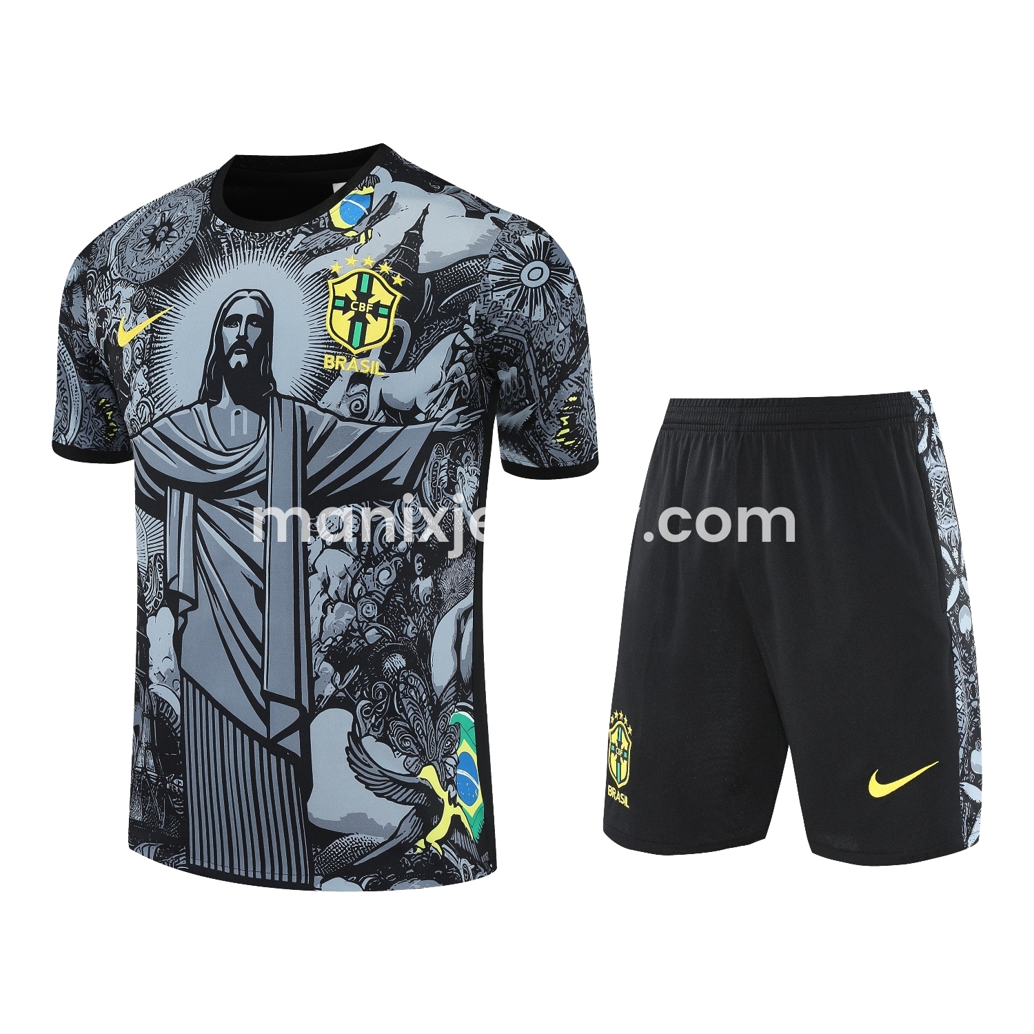 ManixJersey.com | Brazil 25-26 Gray Jesus Statue Short-Sleeve Training Set - Gray Top & Black Shorts -Customize Name, Number and Patch | Worldwide Shipping