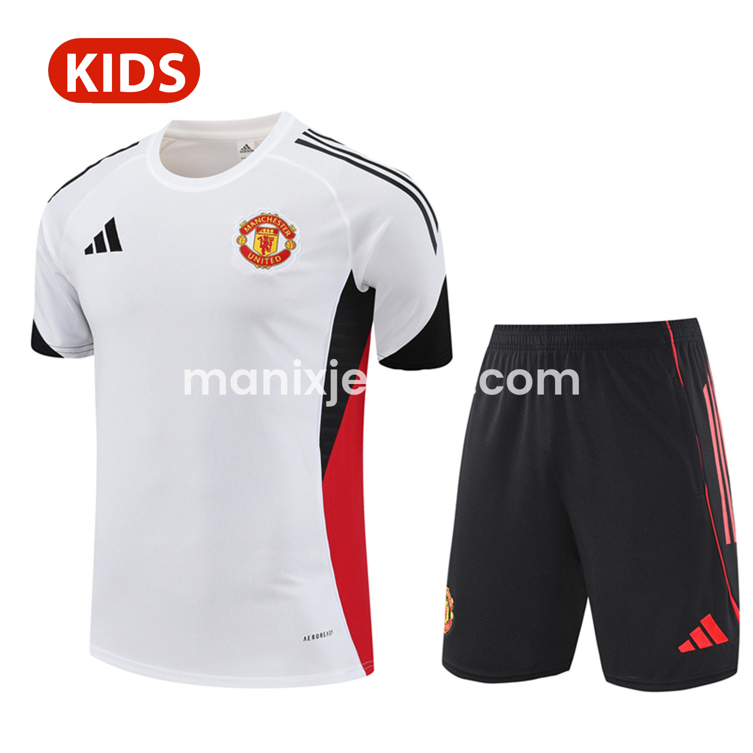 ManixJersey.com | Manchester United 25-26 Kid Short-Sleeve Training Set - White Top & Black Shorts -Customize Name, Number and Patch | Worldwide Shipping