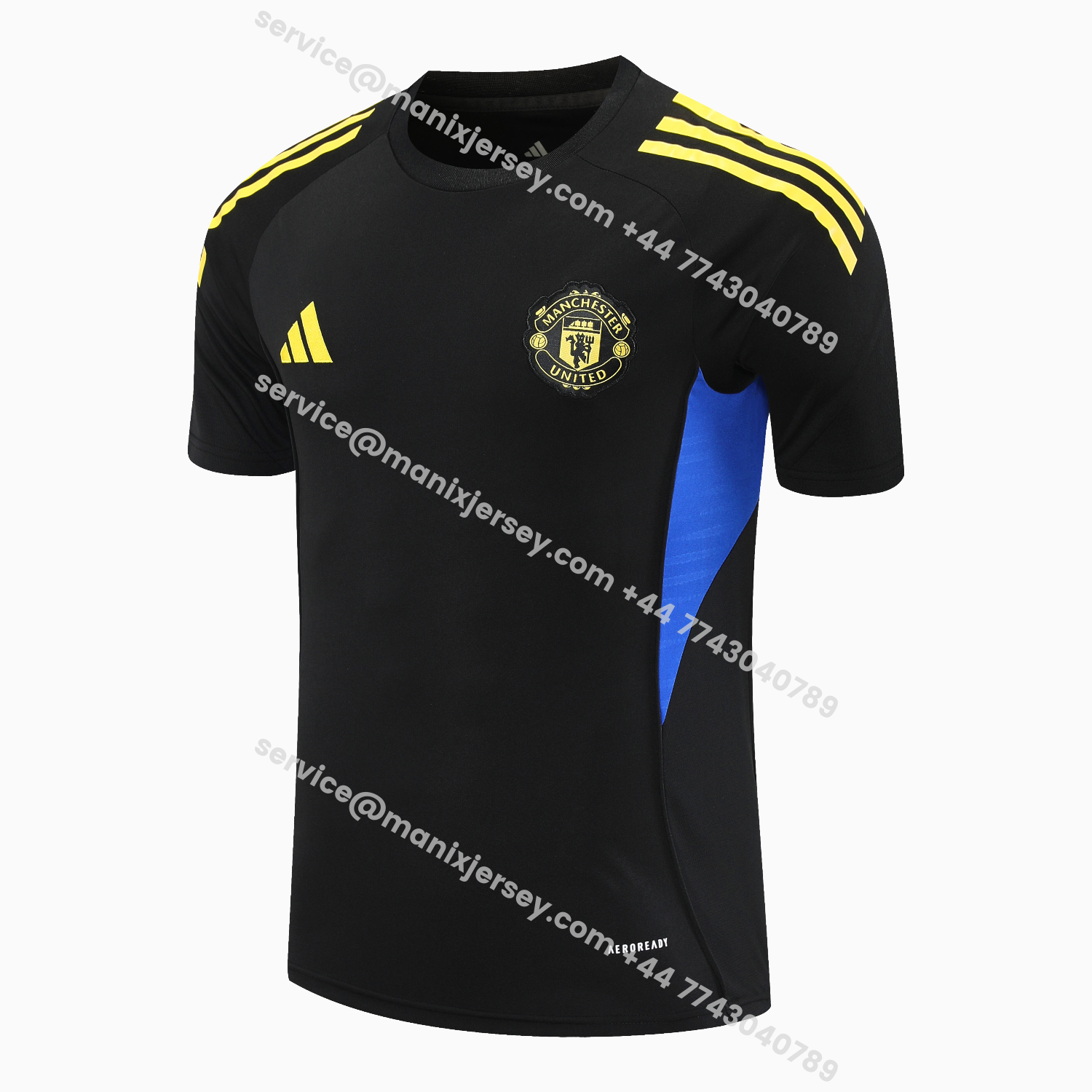 ManixJersey.com | Manchester United 25-26 Short-Sleeve Training Set - Yellow Lines Black Top & Black Shorts -Customize Name, Number and Patch | Worldwide Shipping