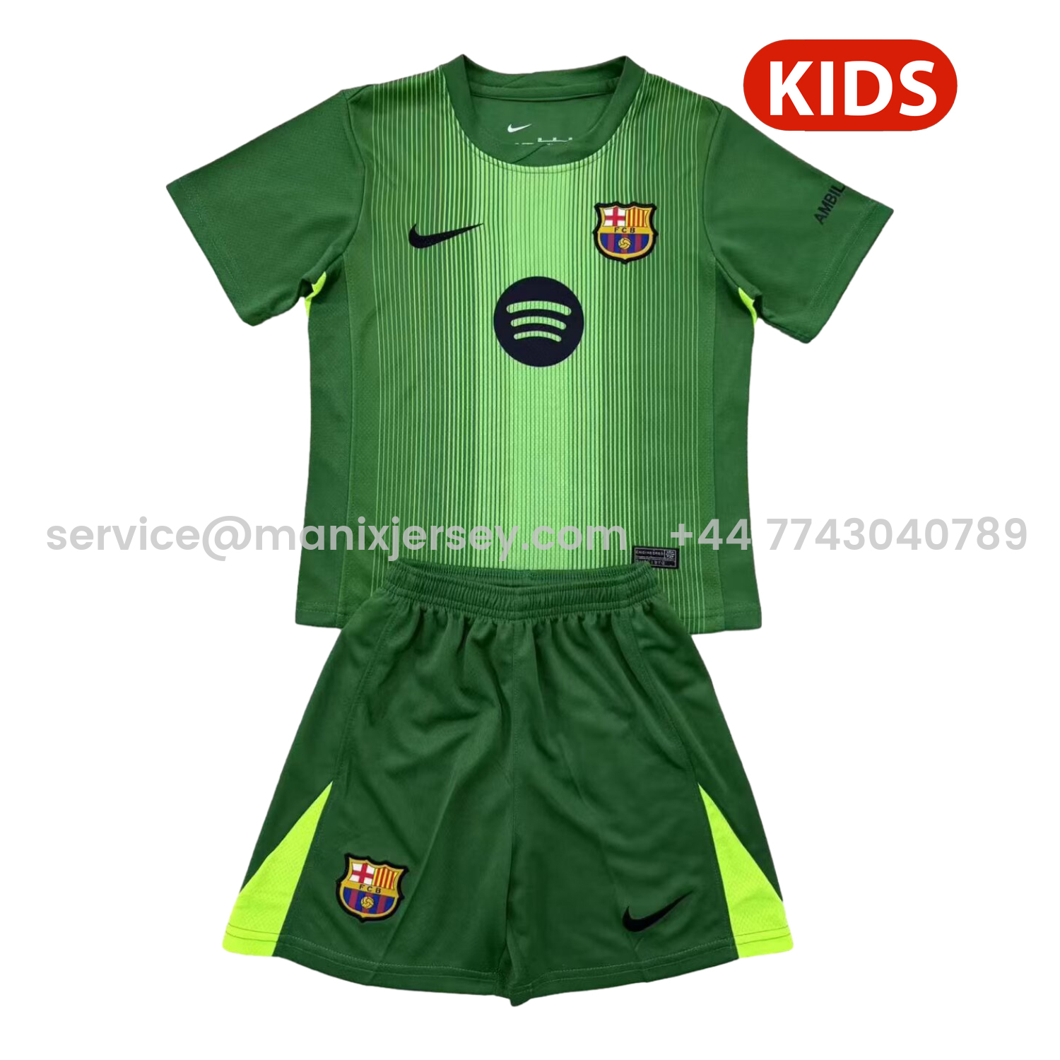 ManixJersey.com | Barcelona 25-26 Goalkeeper Green Kids Kit -Customize Name, Number and Patch | Worldwide Shipping