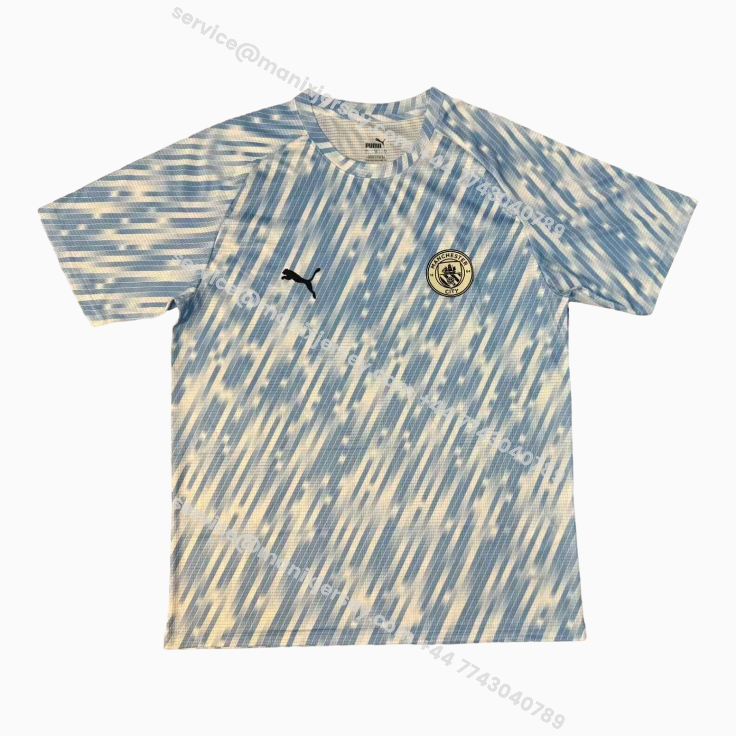ManixJersey.com | Manchester City 25-26 Blue And White Linear Gradient Pre-Match Training Jersey - Fans Version -Customize Name, Number and Patch | Worldwide Shipping