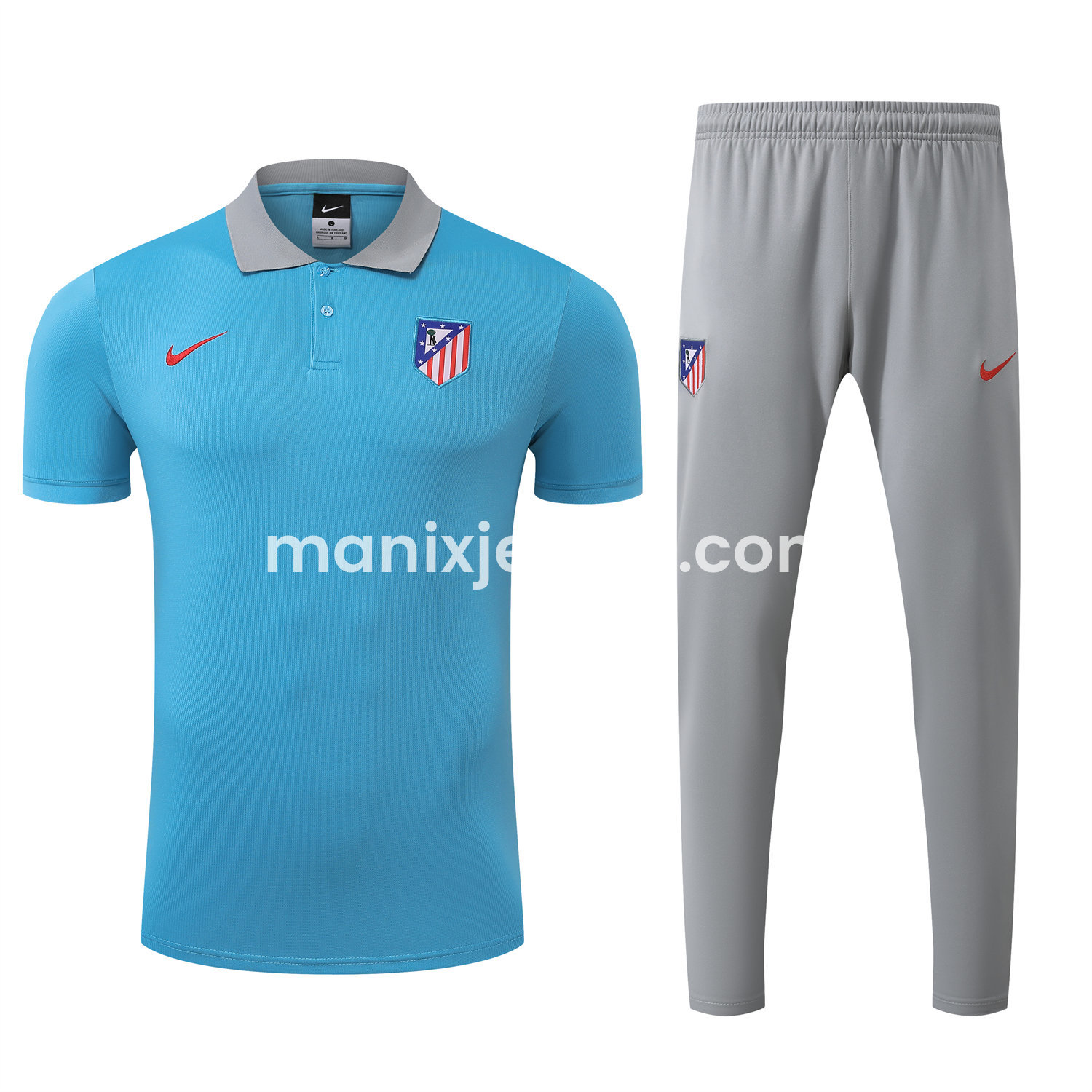 ManixJersey.com | Atletico Madrid 25-26 POLO Short-Sleeve Training Set - Blue Top and Grey Pants -Customize Name, Number and Patch | Worldwide Shipping