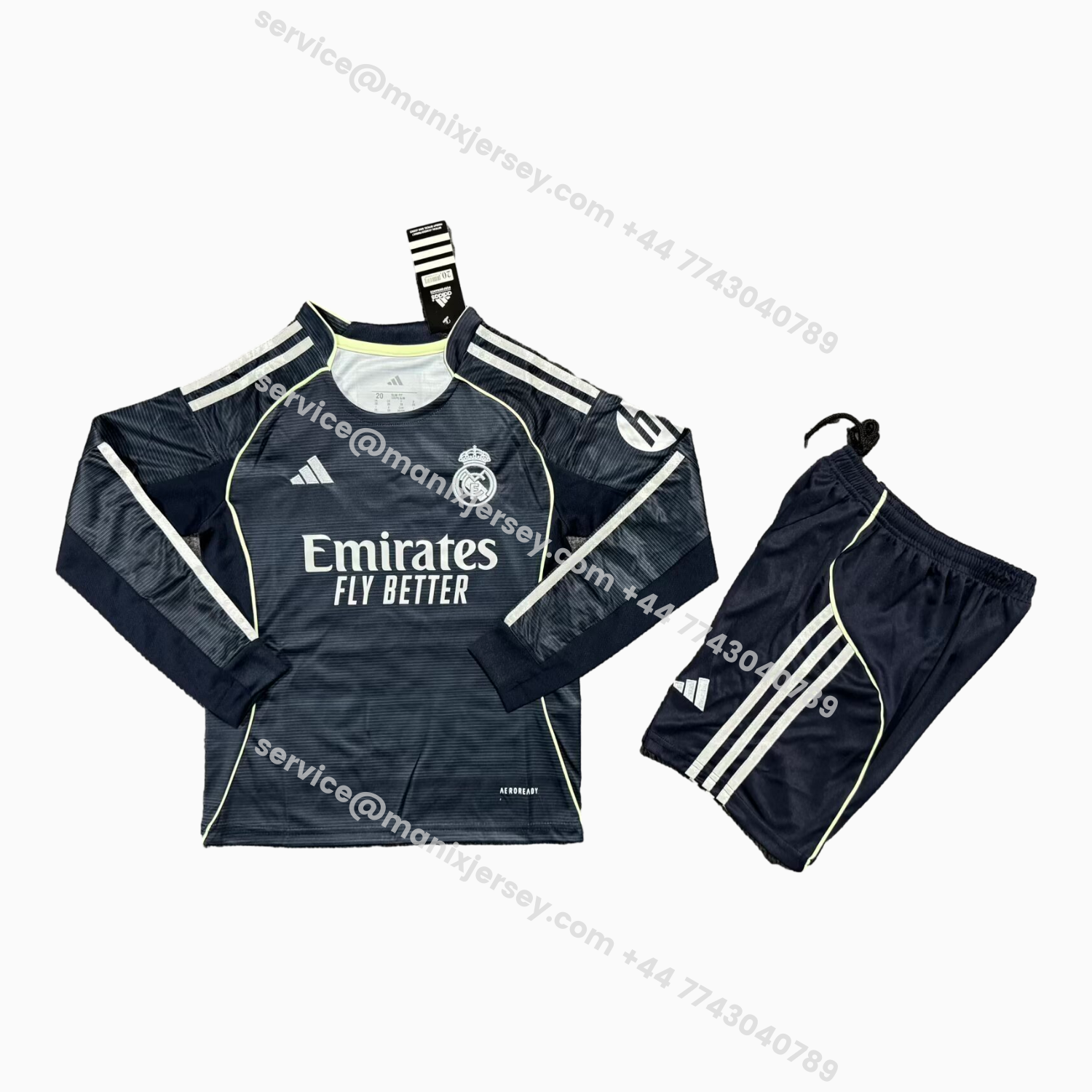ManixJersey.com | Real Madrid 25-26 Away Long Sleeves Kids Kit - Fans Version -Customize Name, Number and Patch | Worldwide Shipping
