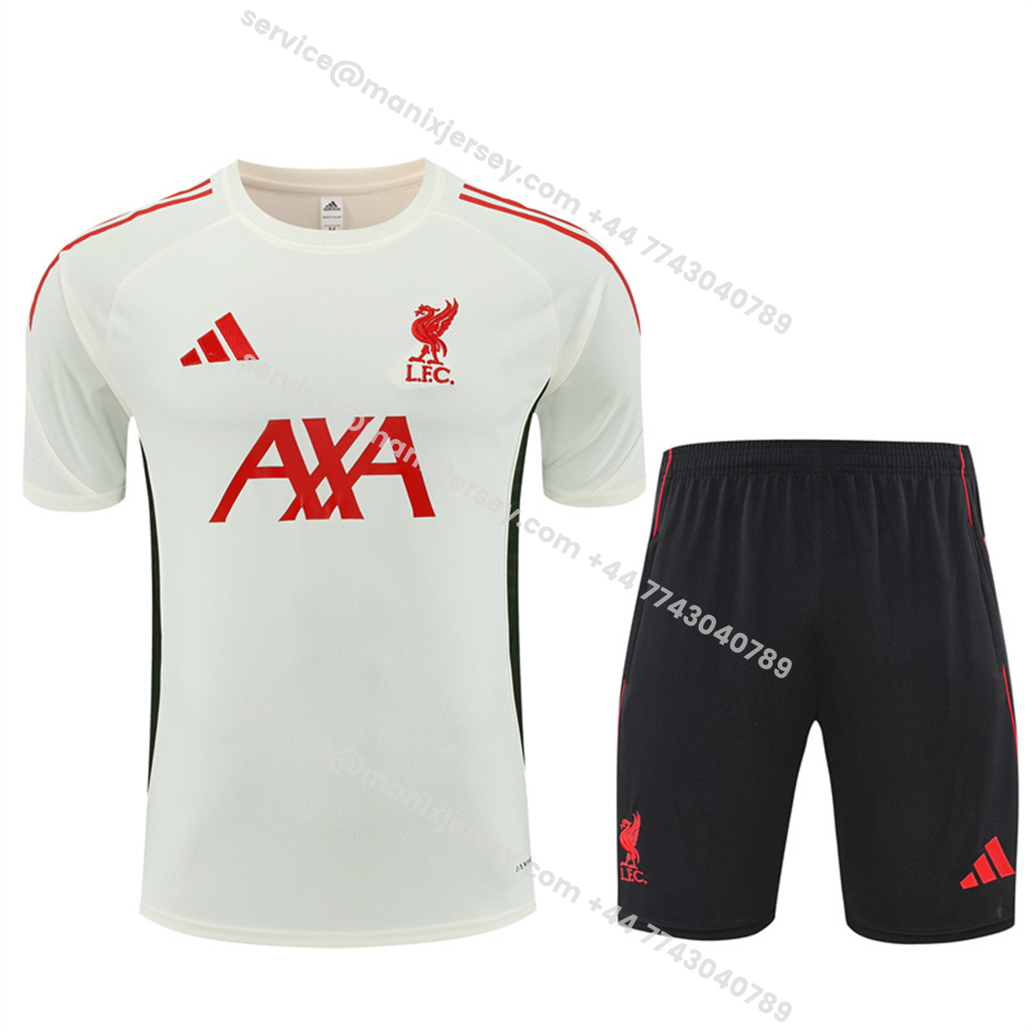 ManixJersey.com | Liver.pool 25-26 Kids Short-Sleeve Training Set Off White Top & Black Shorts -Customize Name, Number and Patch | Worldwide Shipping