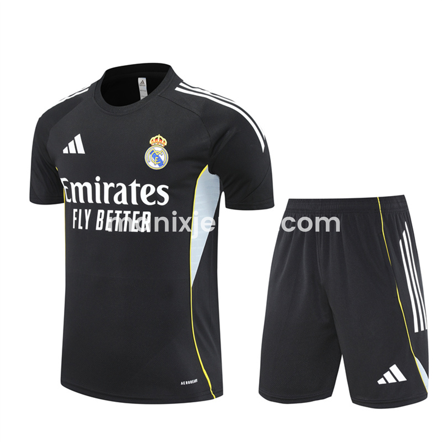 ManixJersey.com | Real Madrid 25-26 Short-Sleeve Training Set - Yellow Line Black Top and Black Shorts -Customize Name, Number and Patch | Worldwide Shipping