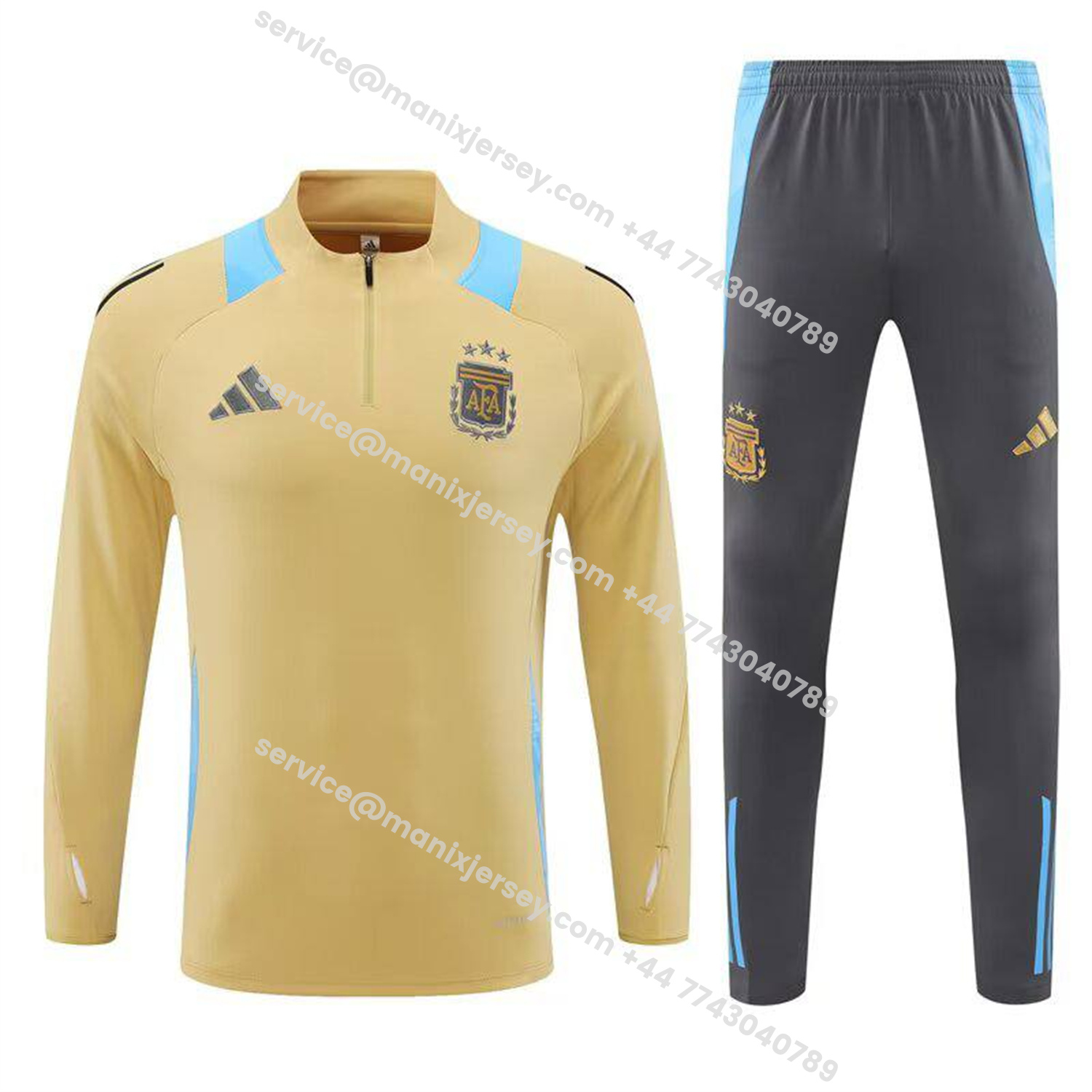 ManixJersey.com | Argentina 25-26 Kids Long Sleeve Training Set - Gold Top and Grey Pants -Customize Name, Number and Patch | Worldwide Shipping