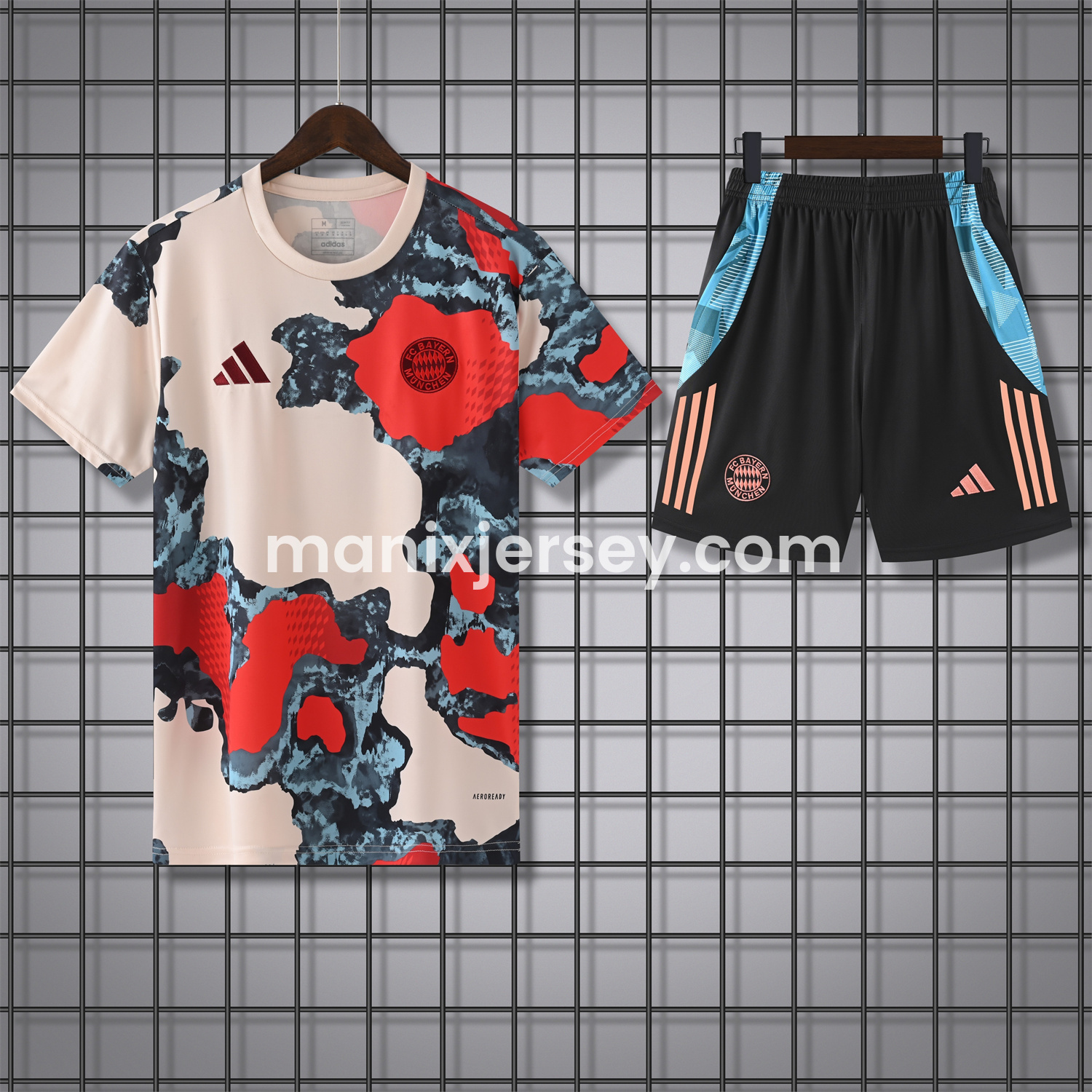 ManixJersey.com | Bayern Munich 24-25 Pre-Match Short-Sleeve Training Set - CamouflageTop & Black Shorts -Customize Name, Number and Patch | Worldwide Shipping