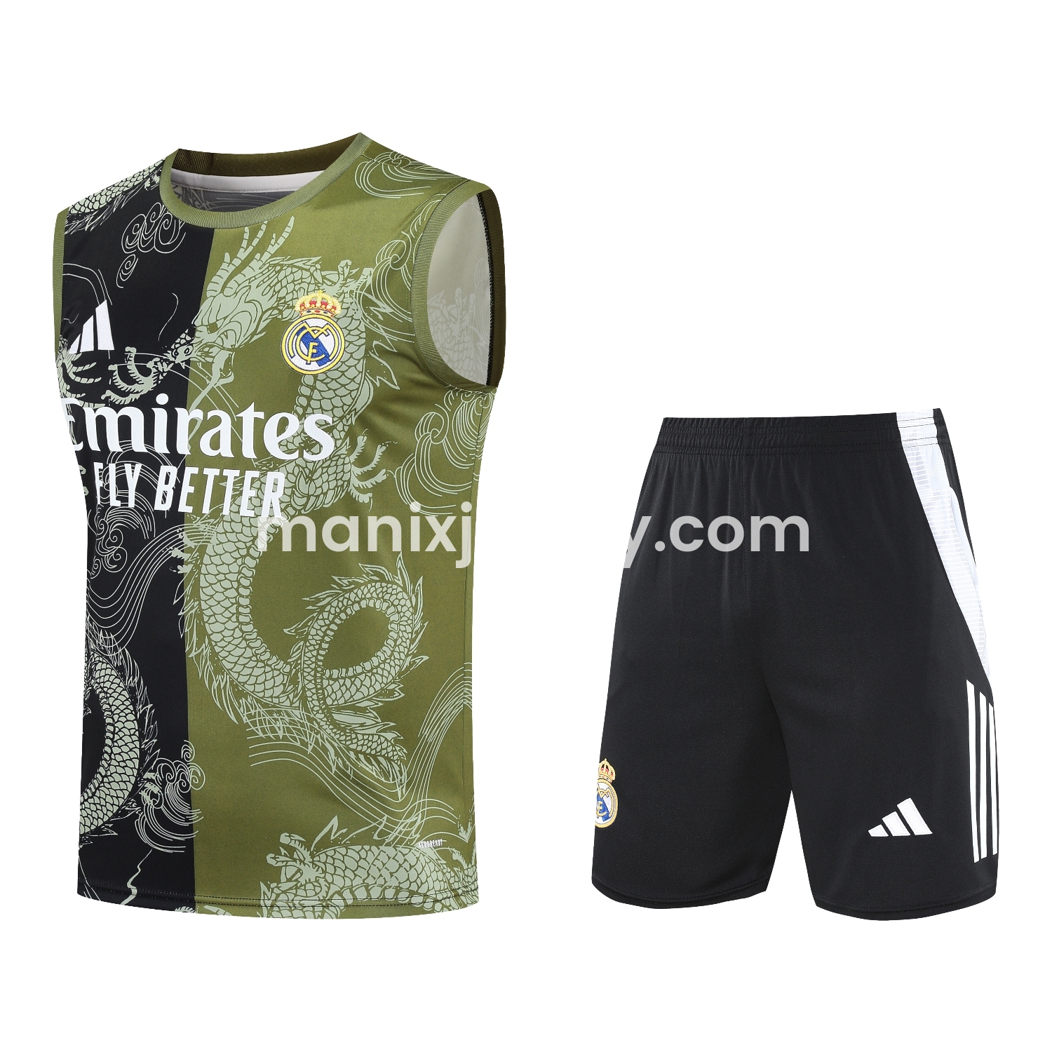 ManixJersey.com | Real Madrid 25-26 Vest Training Set - Green-Black Dragon Vest & Black-White Shorts -Customize Name, Number and Patch | Worldwide Shipping