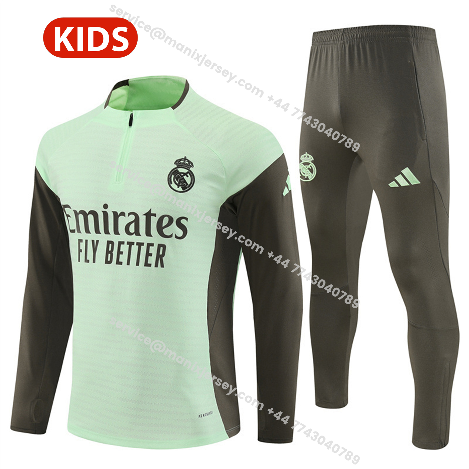 ManixJersey.com | Real Madrid 25-26 Kids Long Sleeve Training Set - Player Version - Light Green Top and Khaki Pants -Customize Name, Number and Patch | Worldwide Shipping