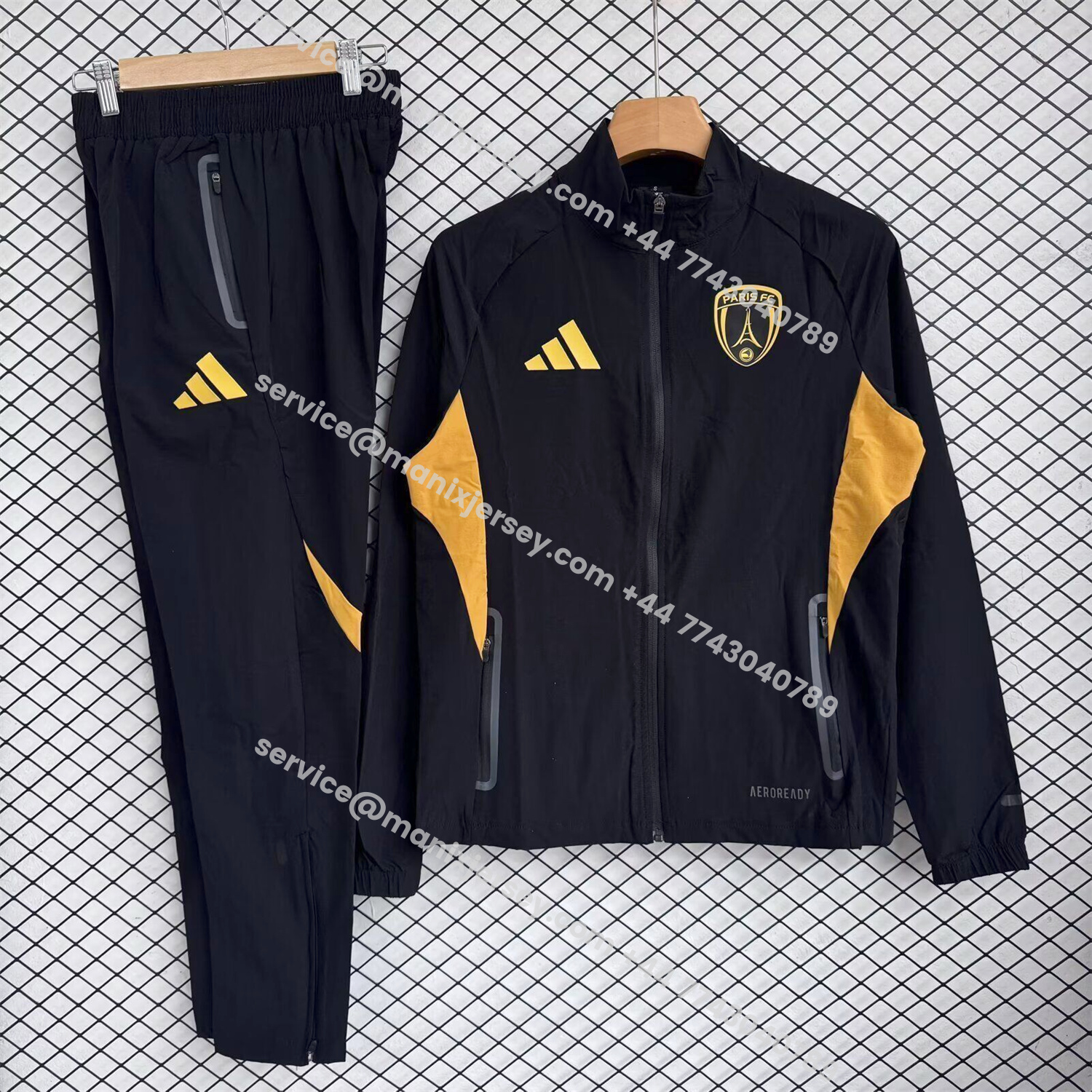 ManixJersey.com | Paris FC 25-26 Windbreaker Training Set - Black Yellow Top and Pants -Customize Name, Number and Patch | Worldwide Shipping