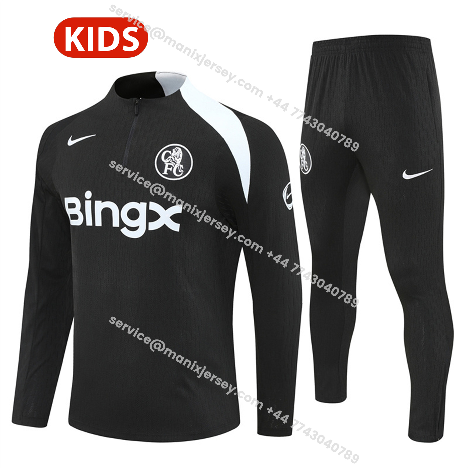 ManixJersey.com | C.H.E.L.S.E.A 25-26 Kids Long Sleeve Training Set - Player Version - Black Top and Black Pants -Customize Name, Number and Patch | Worldwide Shipping