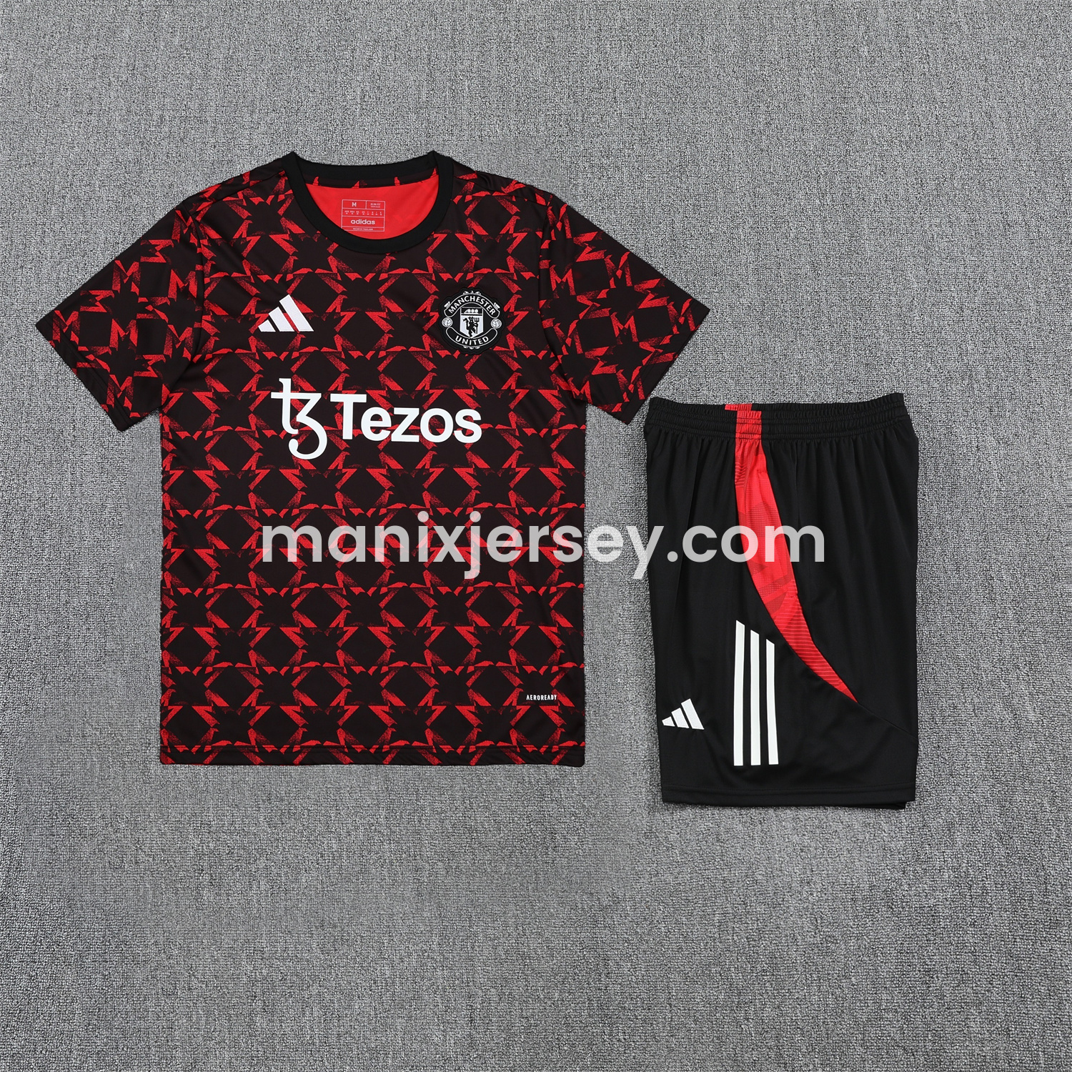 ManixJersey.com | Manchester United 25-26 Pre-Match Short-Sleeve Training Set - Red Top & Black Shorts -Customize Name, Number and Patch | Worldwide Shipping
