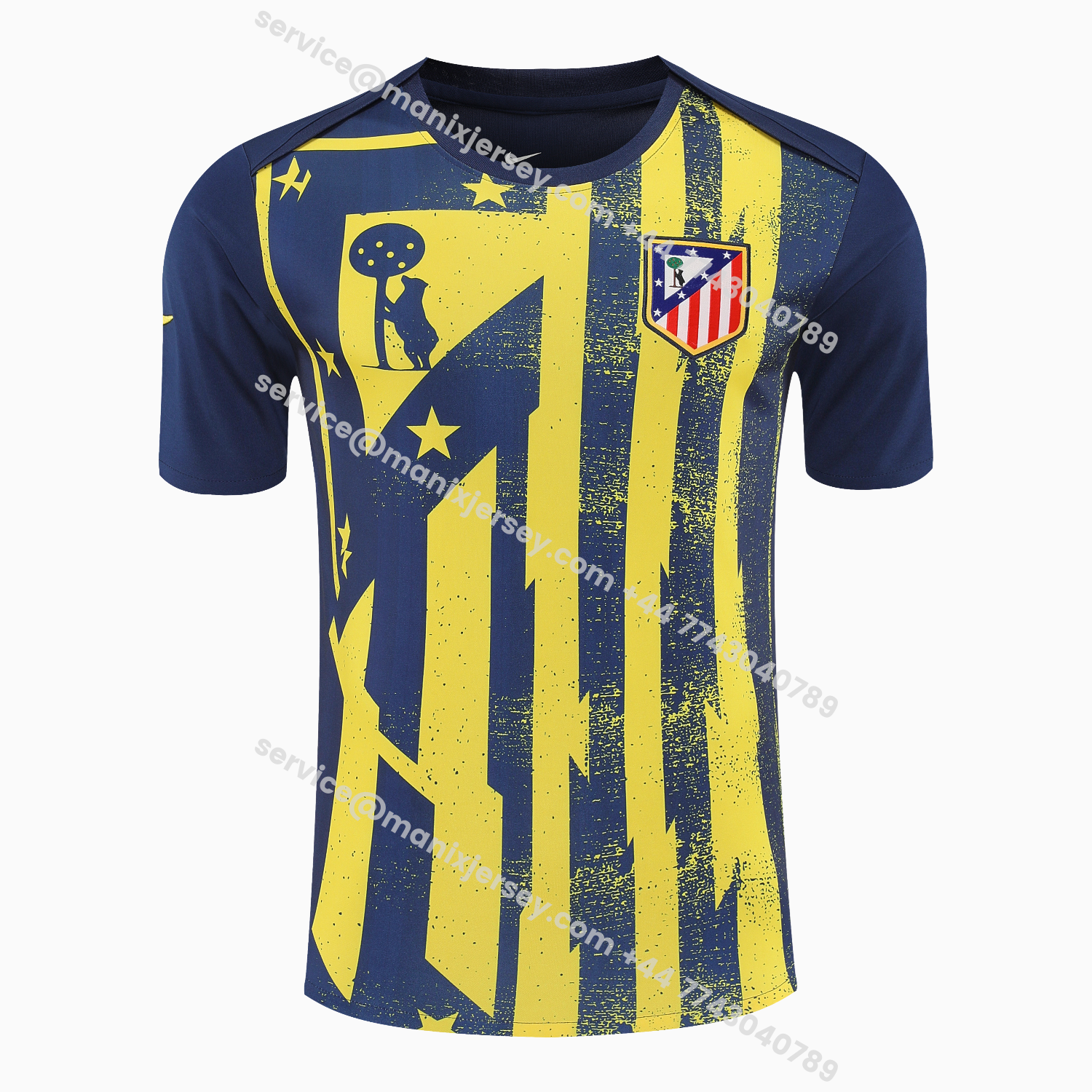 ManixJersey.com | Atletico Madrid Short-Sleeve Training Set - Blue Yellow Top & Blue Shorts -Customize Name, Number and Patch | Worldwide Shipping