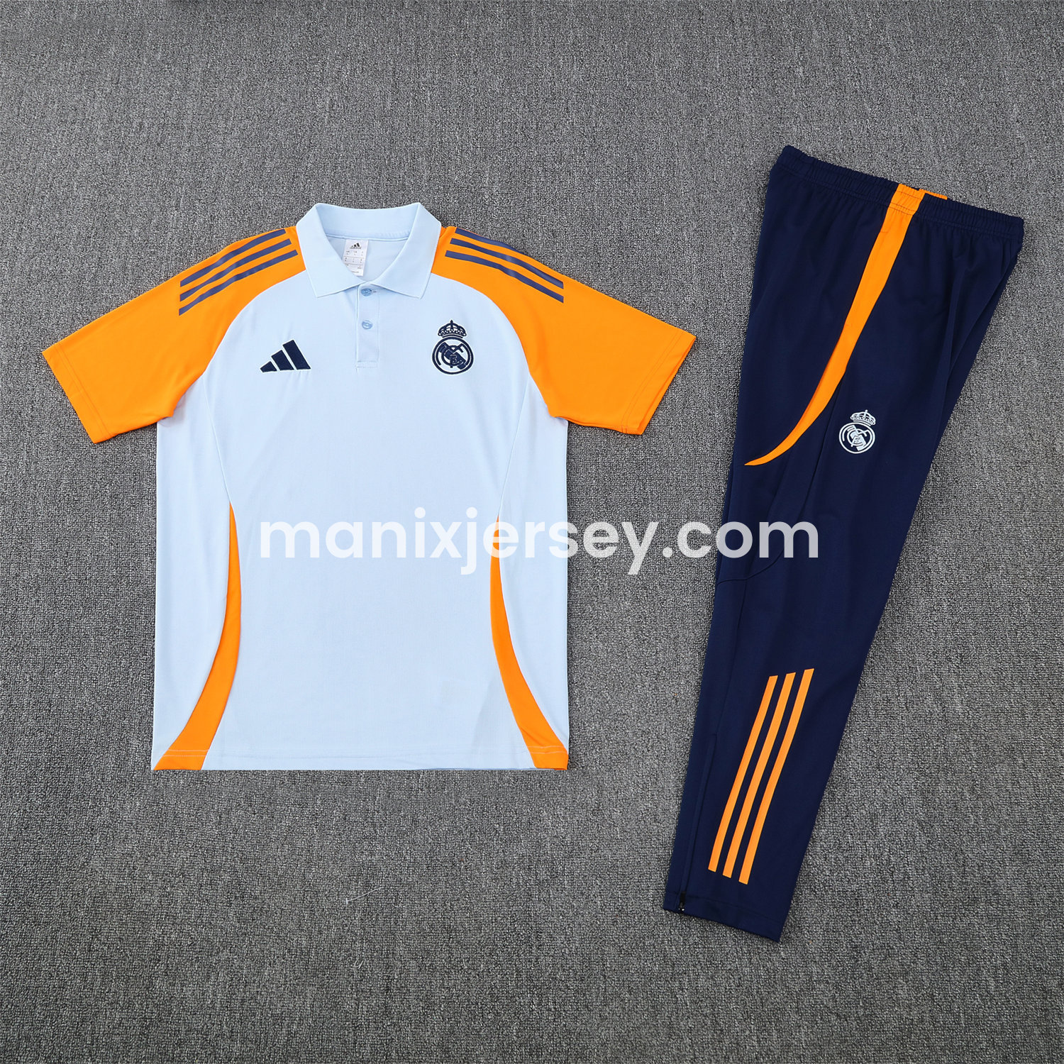 ManixJersey.com | Real Madrid 25-26 POLO Short-Sleeve Training Set - Light Blue Top and Deep Blue Pants -Customize Name, Number and Patch | Worldwide Shipping