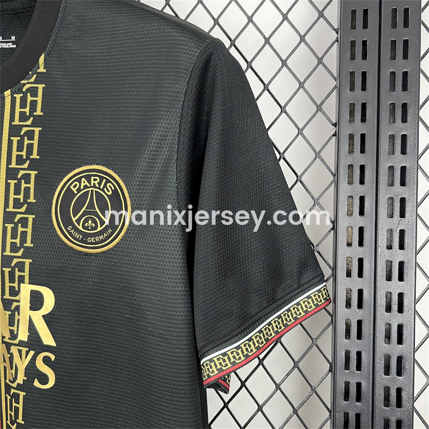 ManixJersey.com | Paris Saint-Germain PSG 25-26 Red White Stripes Black Jersey - Fans Version -Customize Name, Number and Patch | Worldwide Shipping