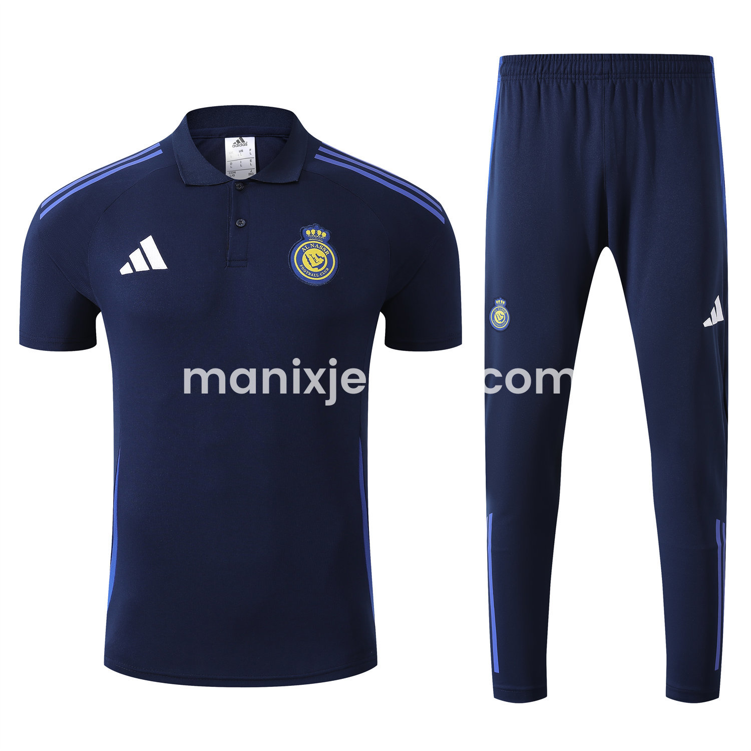 ManixJersey.com | Al Nassr Riyadh Victory 25-26 POLO Short-Sleeve Training Set - Deep Blue Top and Pants -Customize Name, Number and Patch | Worldwide Shipping